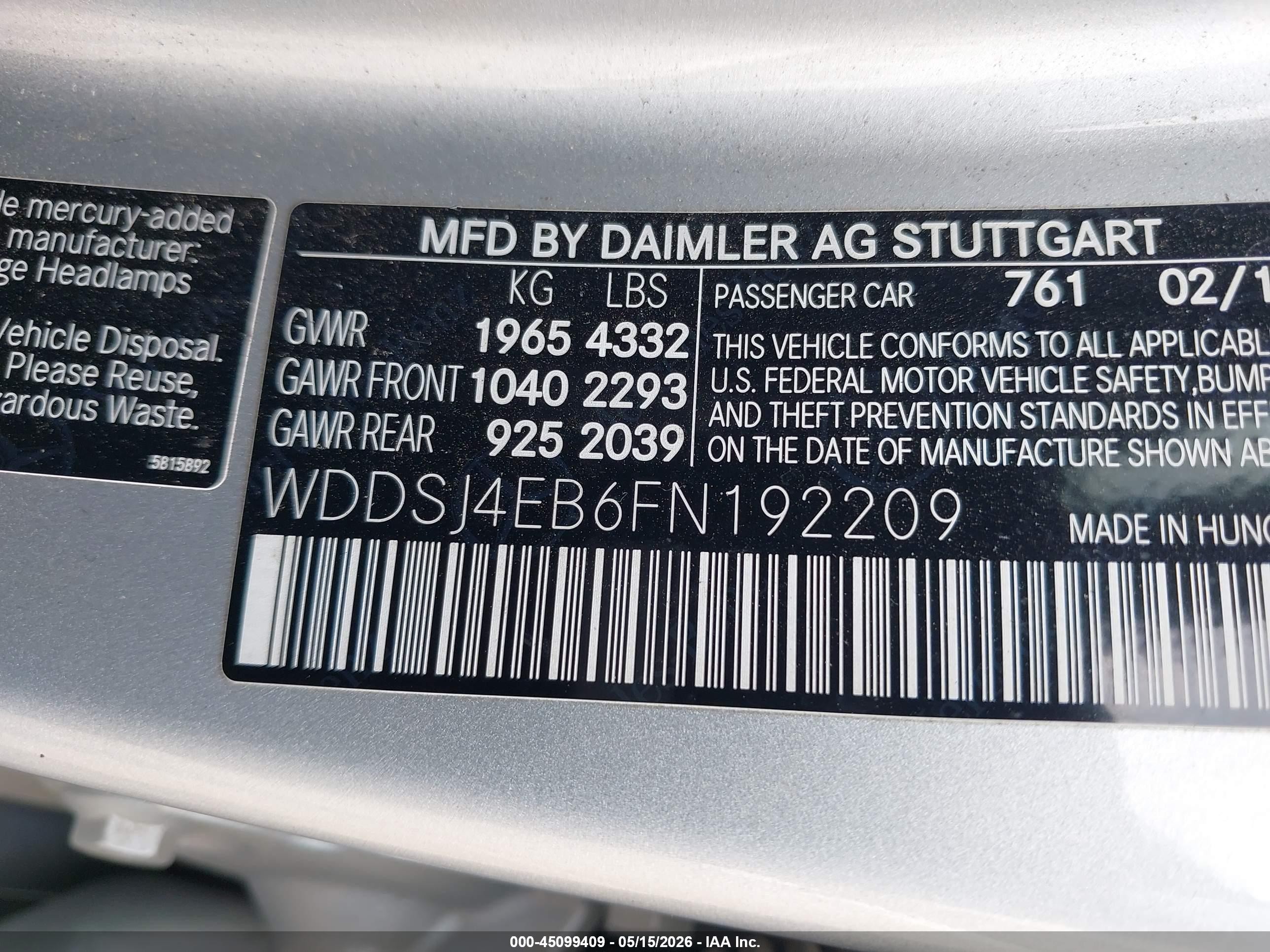 2015 Mercedes-benz Cla 250   Silver vin: WDDSJ4EB6FN192209