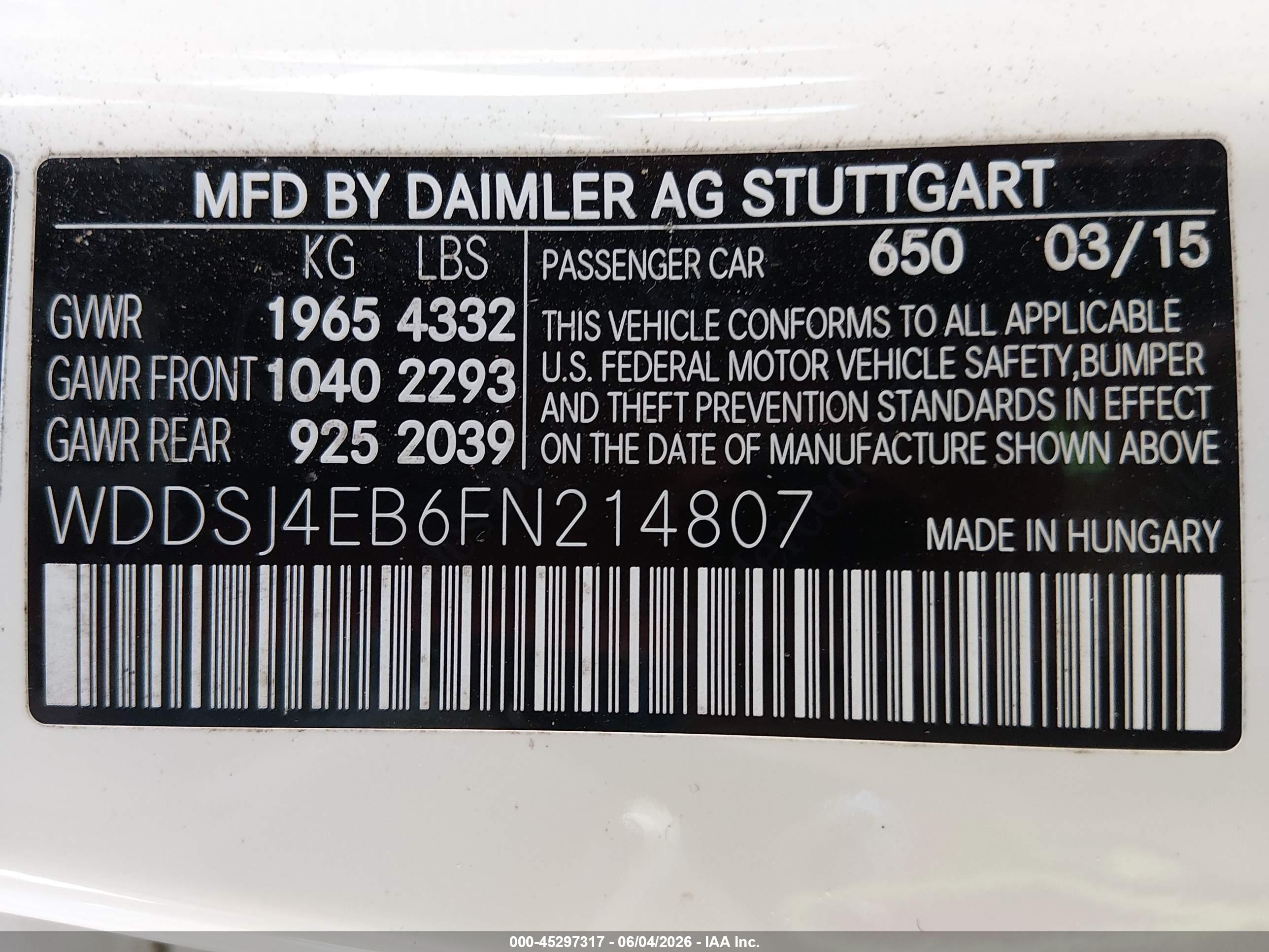 2015 Mercedes-benz Cla 250   White vin: WDDSJ4EB6FN214807