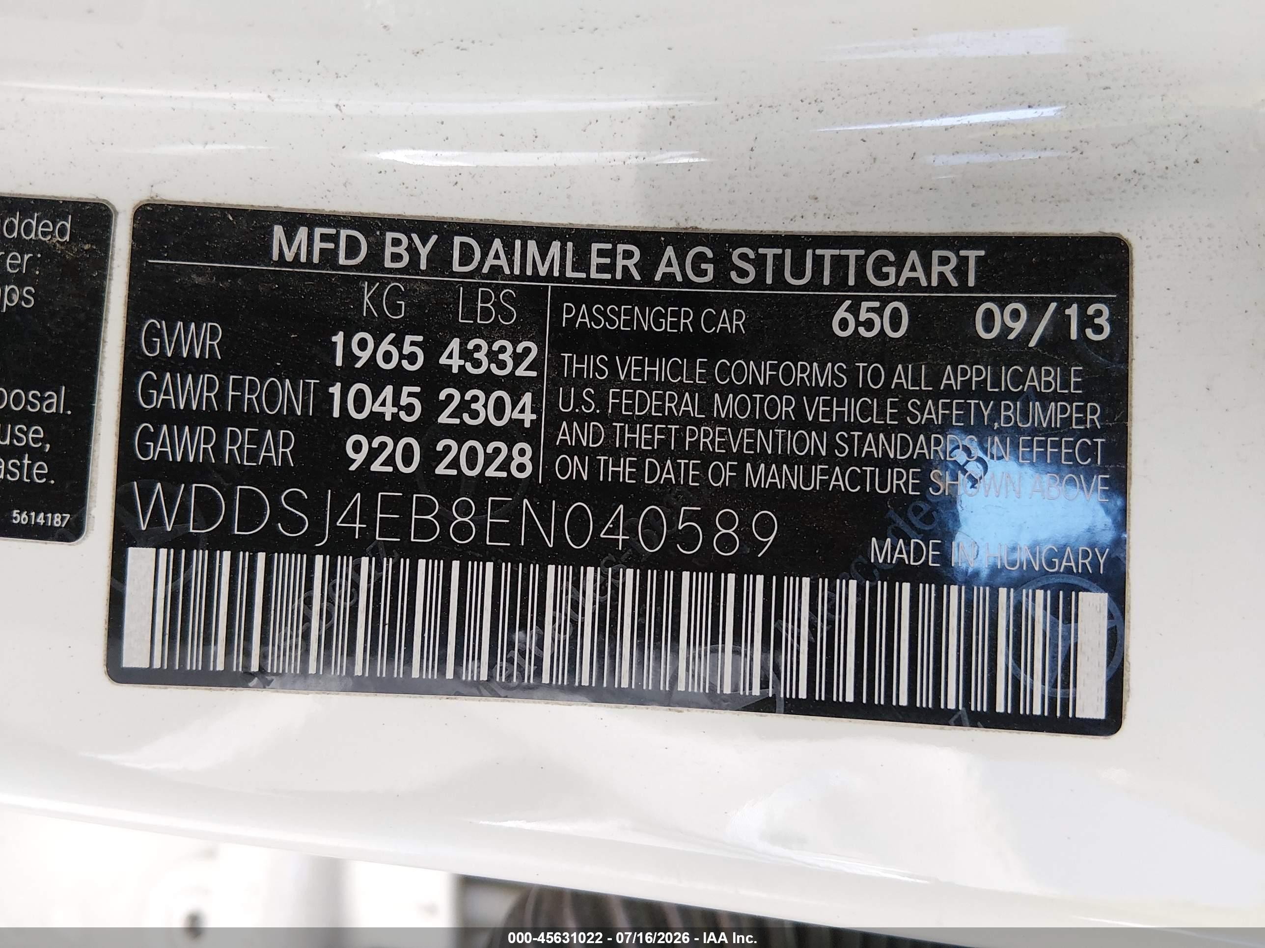 2014 Mercedes-benz Cla 250   White vin: WDDSJ4EB8EN040589