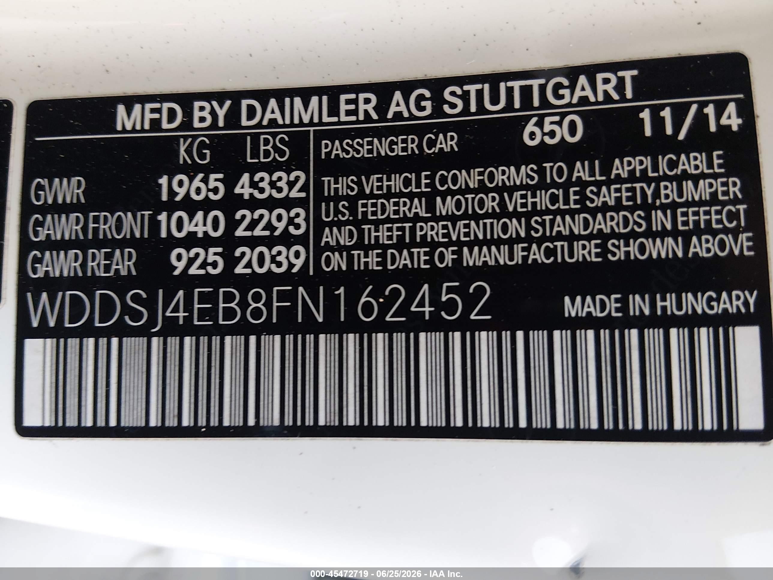 2015 Mercedes-benz Cla 250   White vin: WDDSJ4EB8FN162452