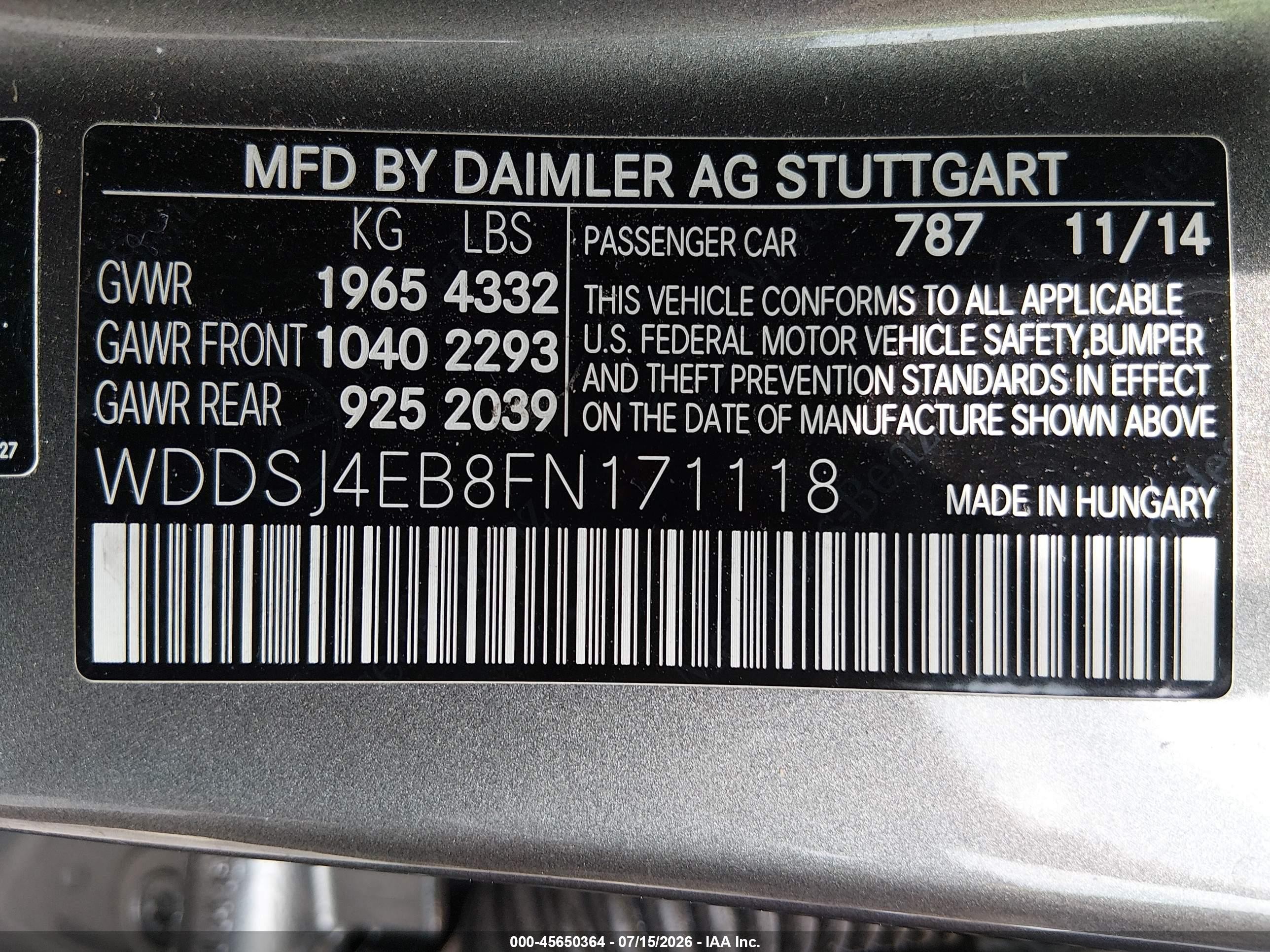 2015 Mercedes-benz Cla 250   Gray vin: WDDSJ4EB8FN171118