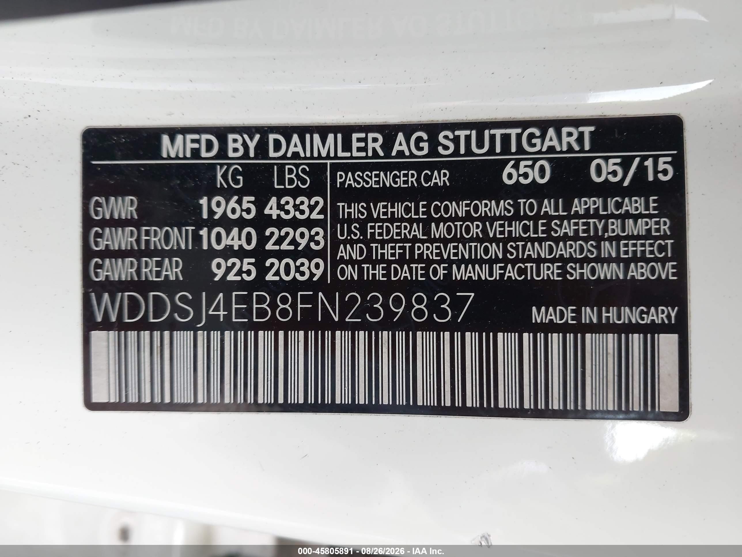 2015 Mercedes-benz Cla 250   White vin: WDDSJ4EB8FN239837