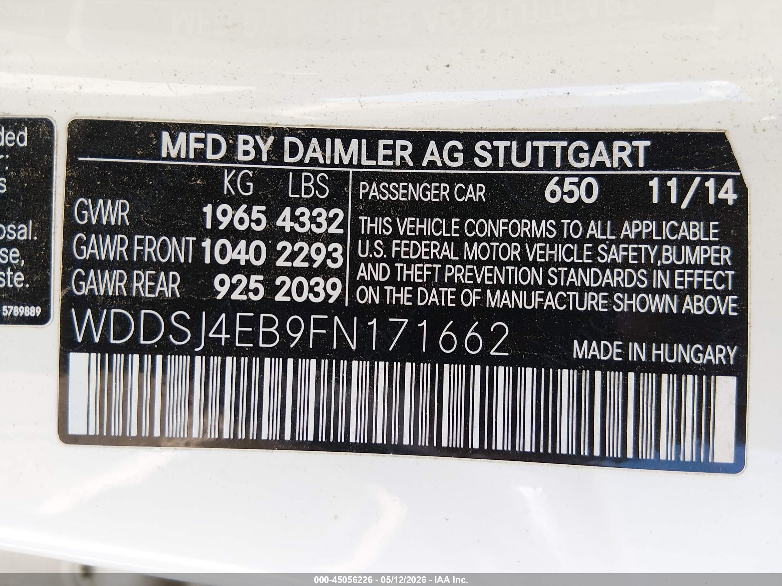 2015 Mercedes-benz Cla 250   White vin: WDDSJ4EB9FN171662