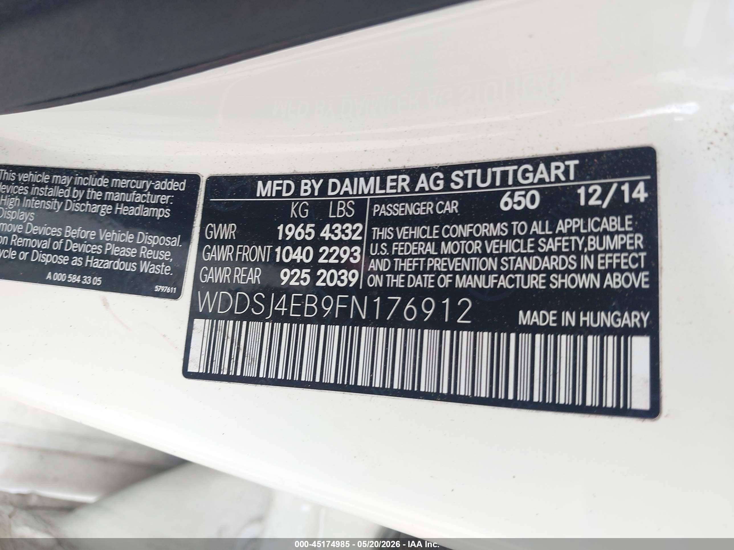 2015 Mercedes-benz Cla 250 White vin: WDDSJ4EB9FN176912