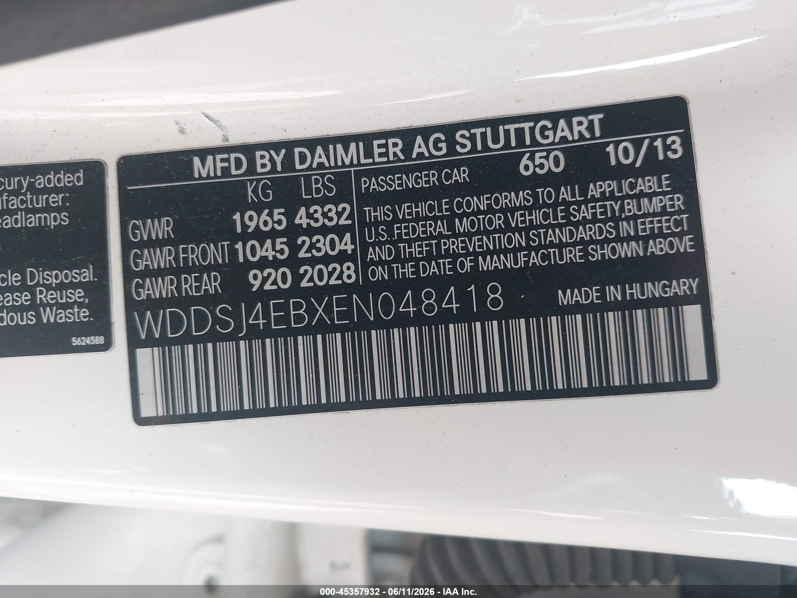 2014 Mercedes-benz Cla 250 White vin: WDDSJ4EBXEN048418