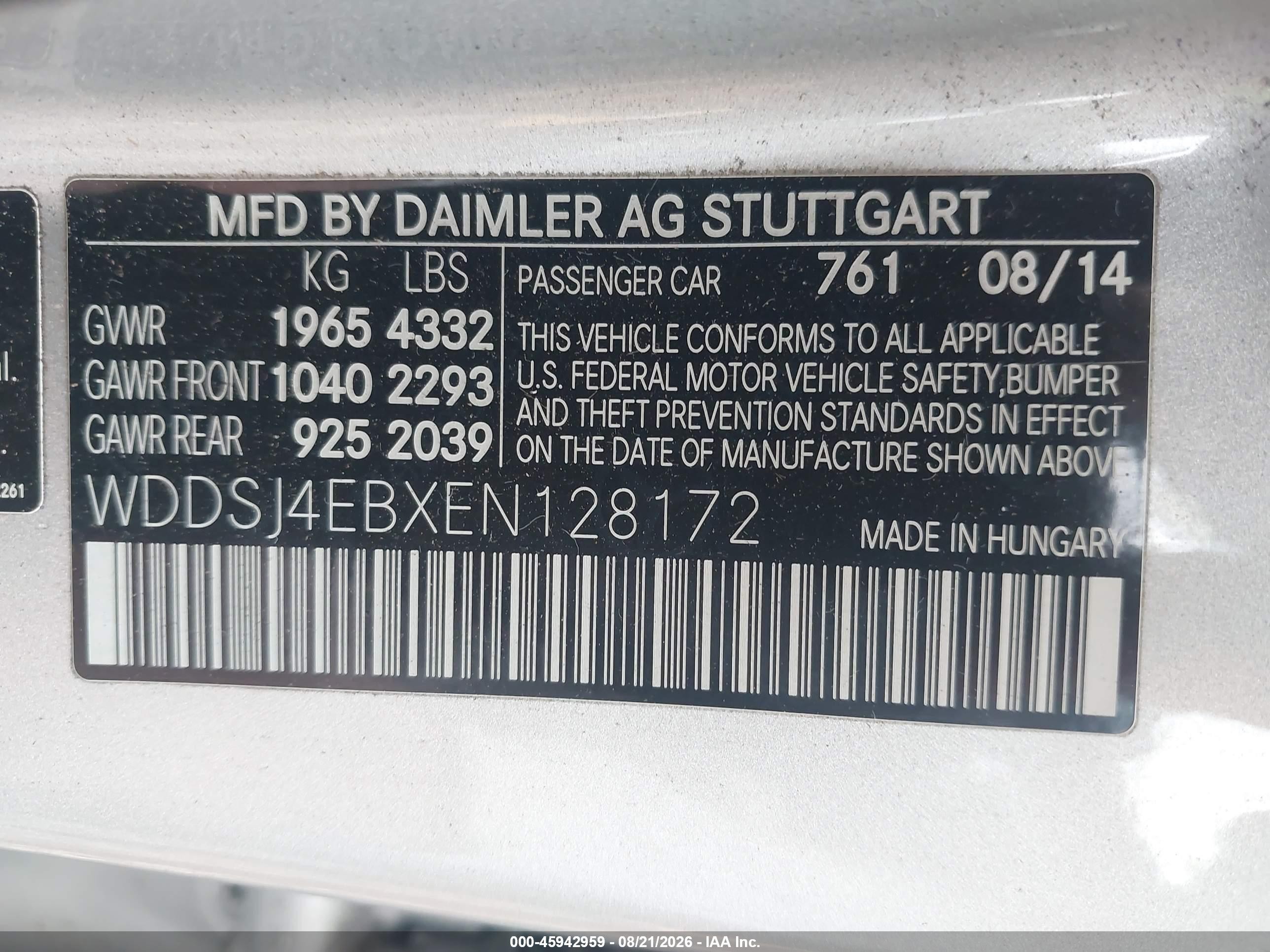 2014 Mercedes-benz Cla 250   Silver vin: WDDSJ4EBXEN128172
