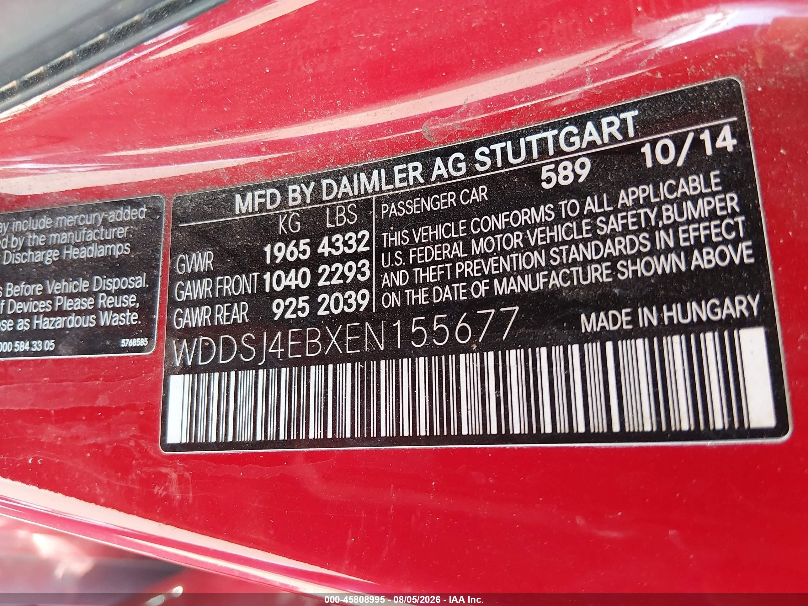 2014 Mercedes-benz Cla 250   Red vin: WDDSJ4EBXEN155677