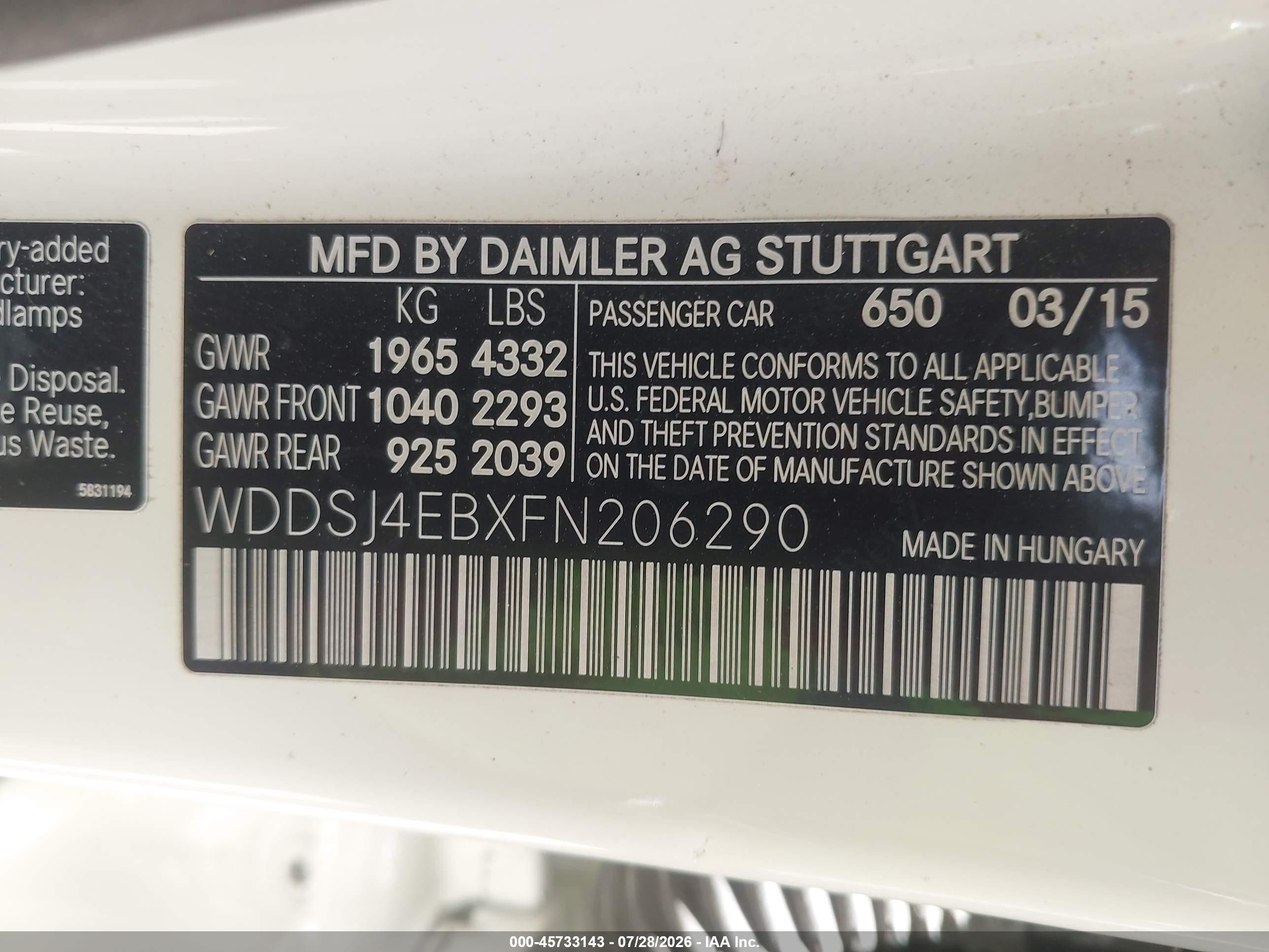 2015 Mercedes-benz Cla 250   White vin: WDDSJ4EBXFN206290