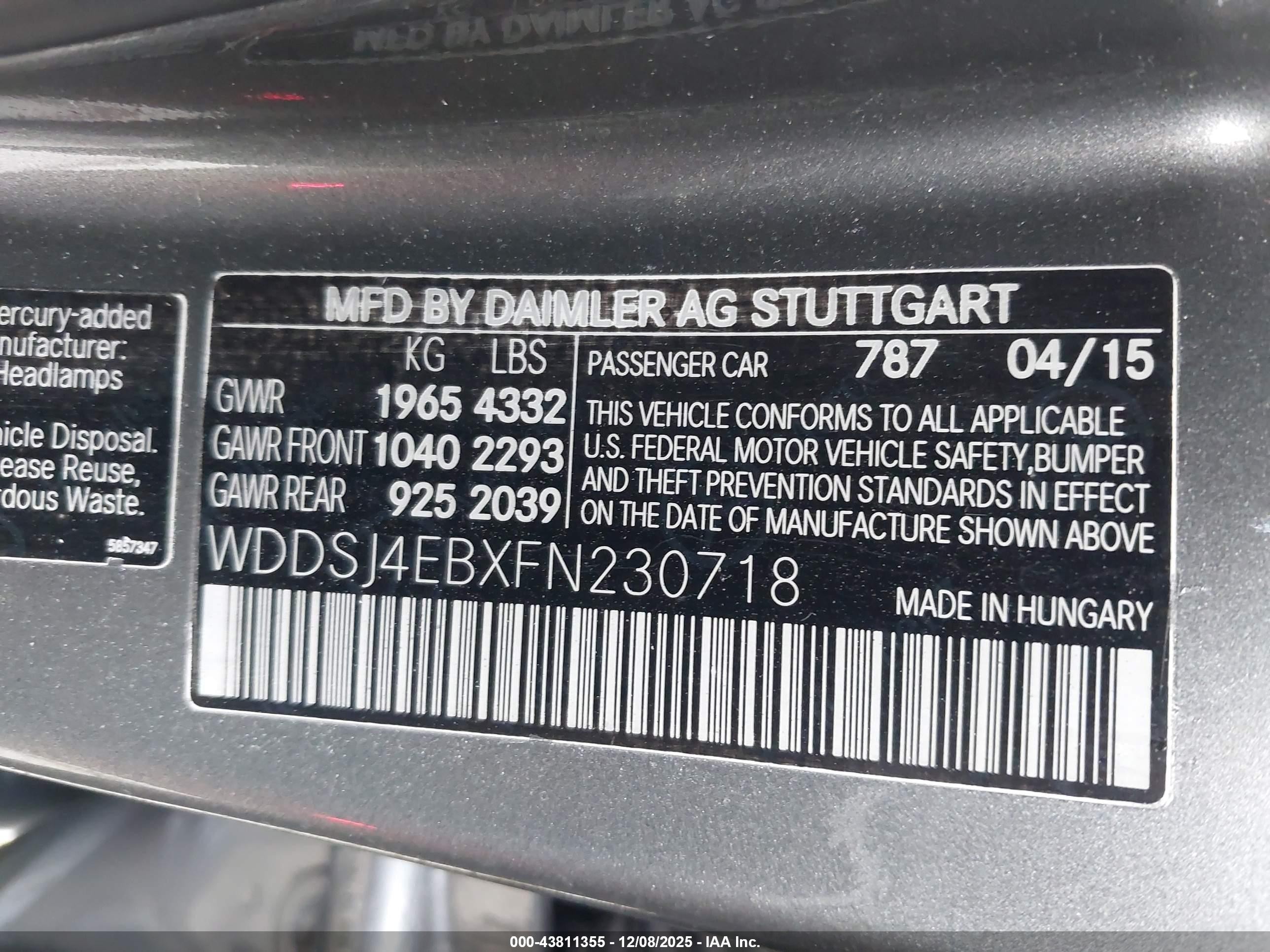 2015 Mercedes-benz Cla 250   Gray vin: WDDSJ4EBXFN230718