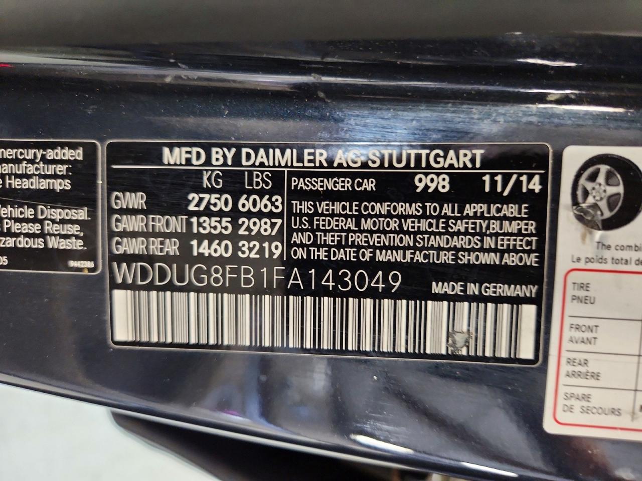 2015 Mercedes-benz S 550 4matic Charcoal vin: WDDUG8FB1FA143049