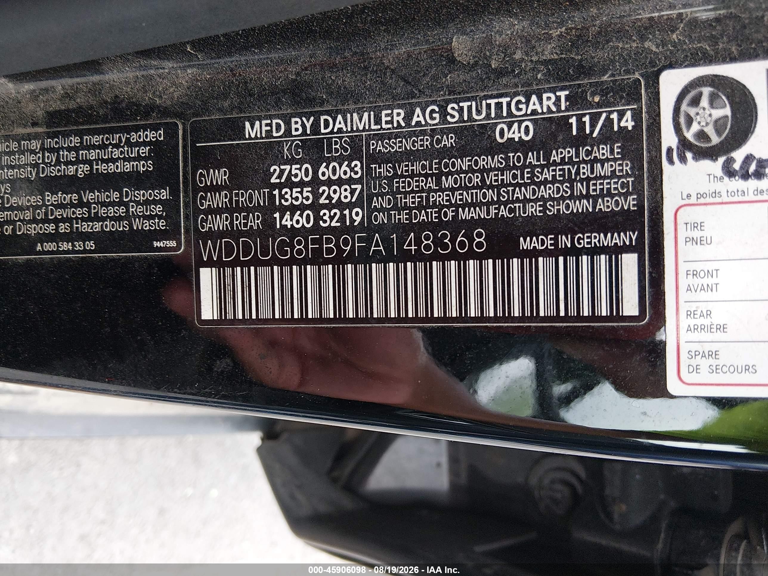 2015 Mercedes-benz S 550 4matic Черный vin: WDDUG8FB9FA148368