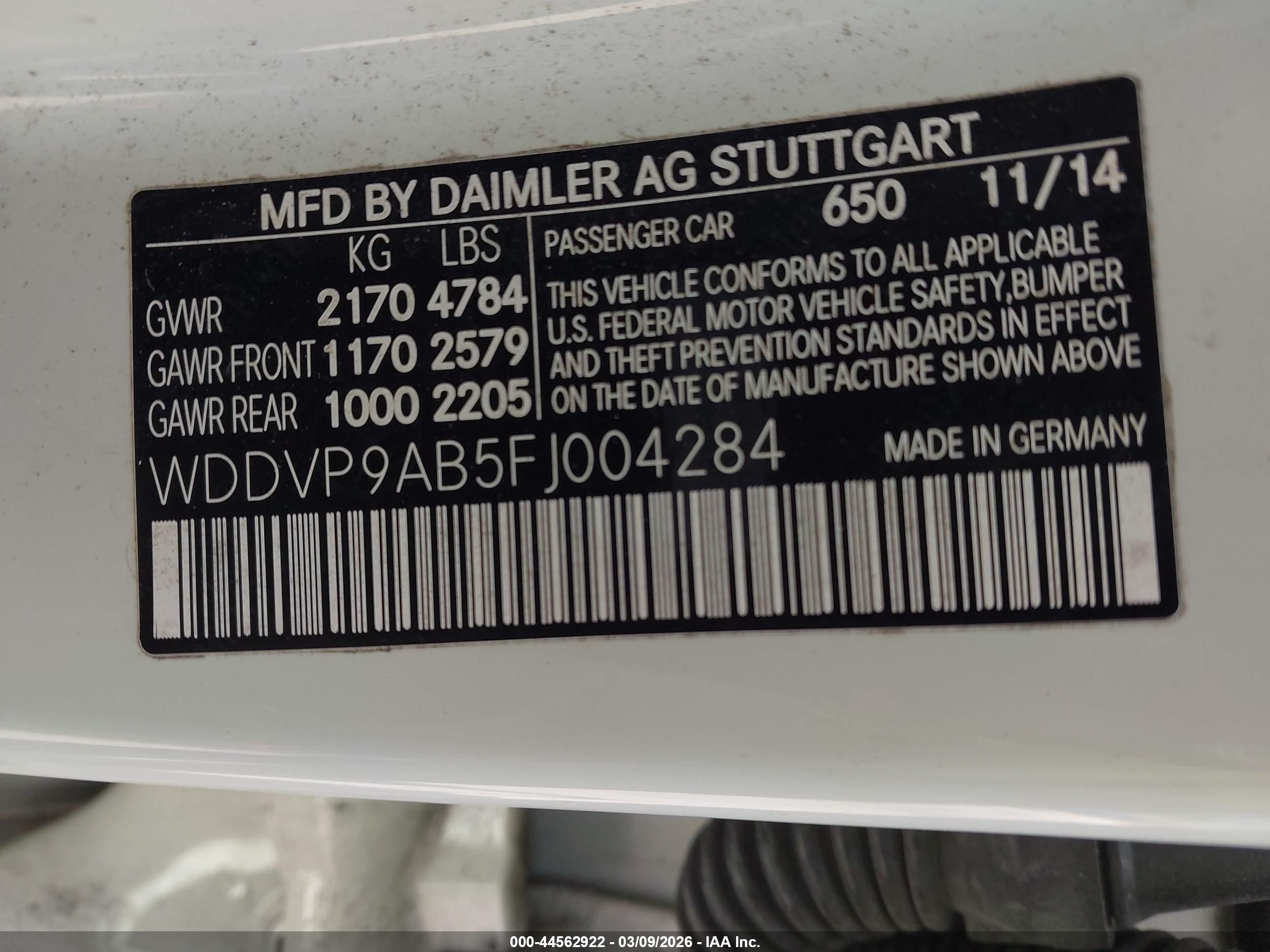 2015 Mercedes-benz B-class Electric Drive   White vin: WDDVP9AB5FJ004284