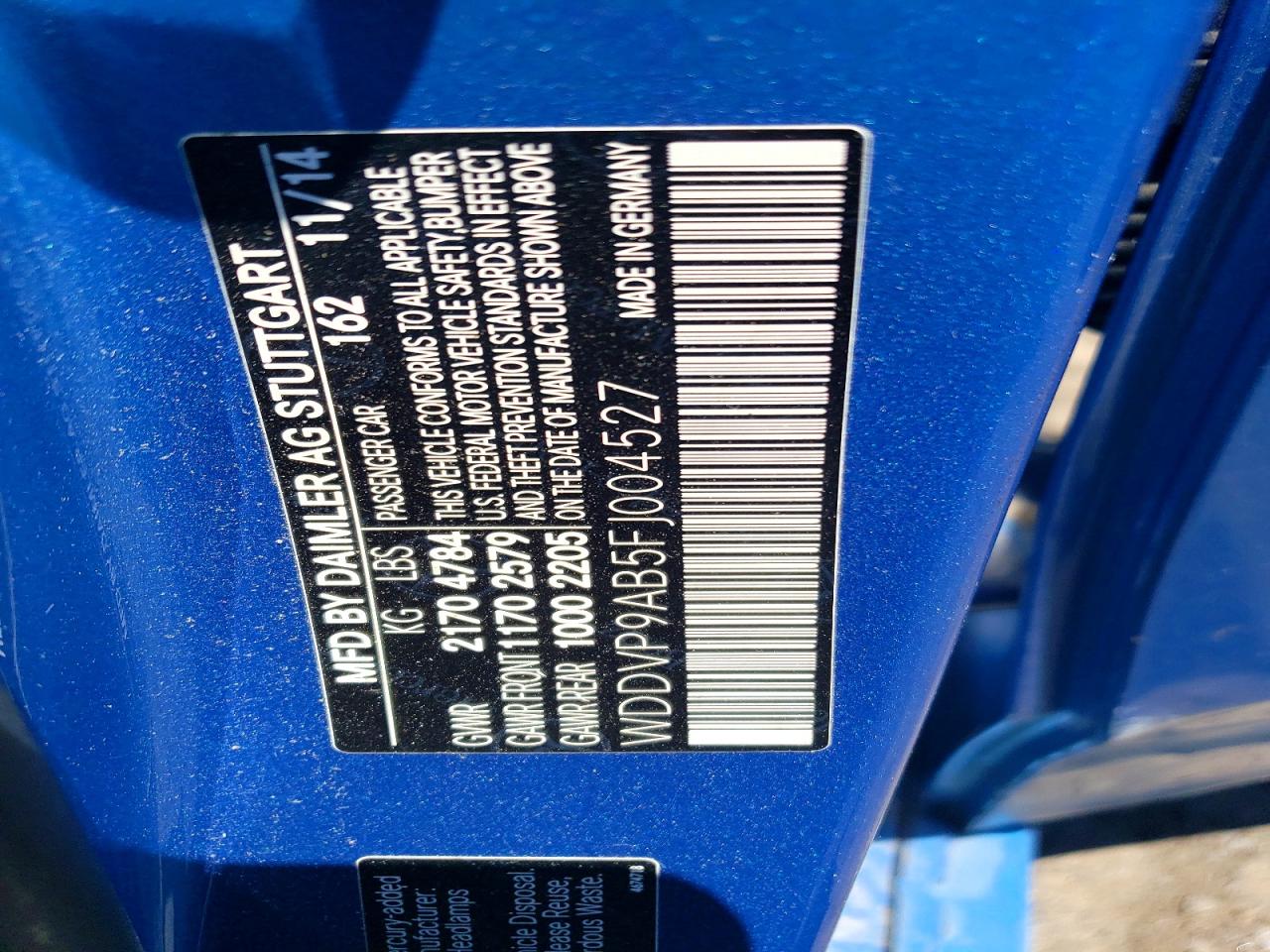 2015 Mercedes-benz B Electric Blue vin: WDDVP9AB5FJ004527