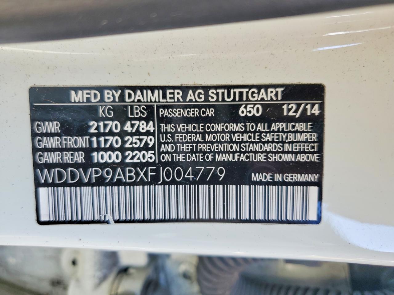 2015 Mercedes-benz B Electric White vin: WDDVP9ABXFJ004779