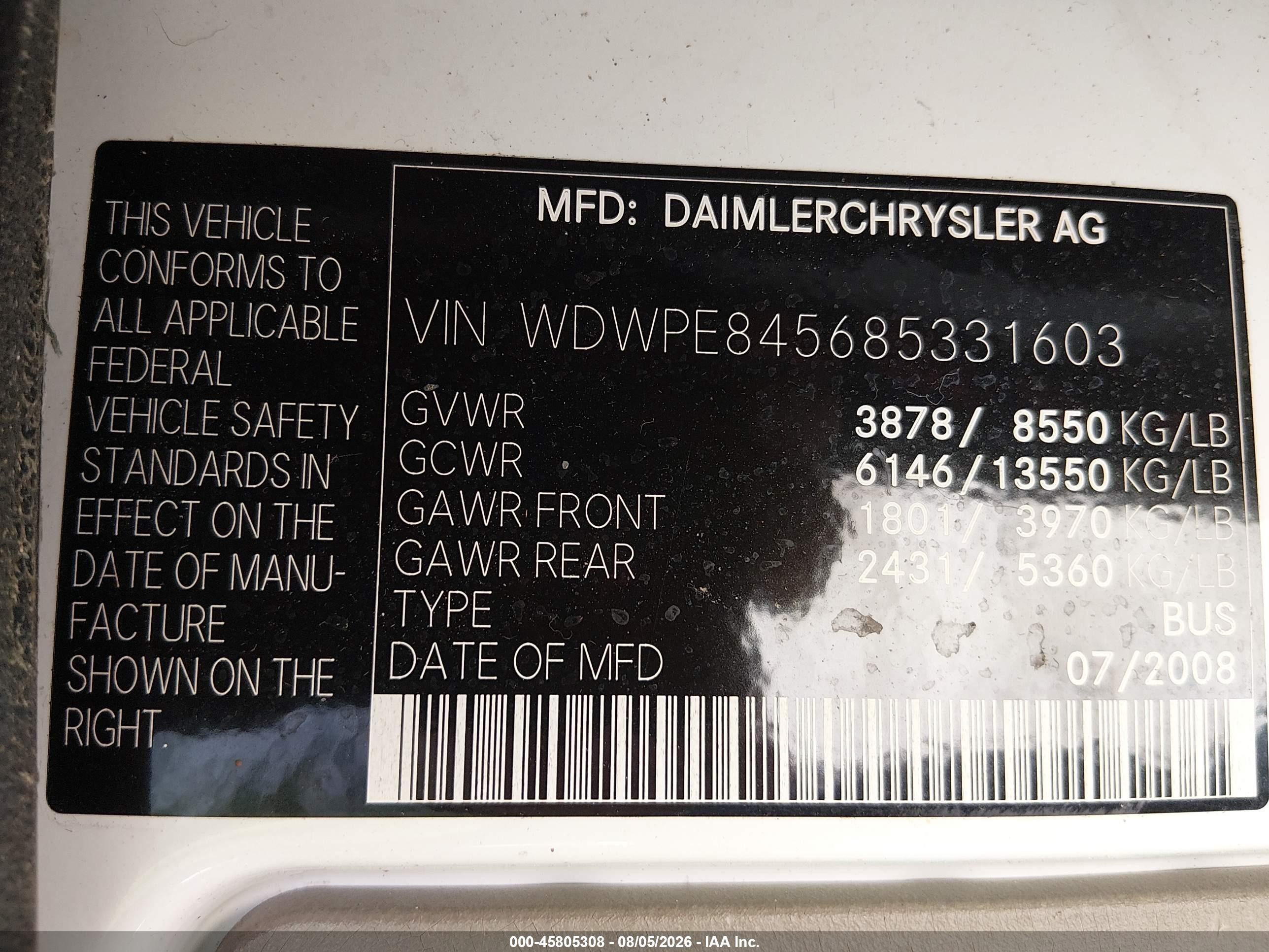 2008 Dodge Sprinter Wagon 2500 White vin: WDWPE845685331603