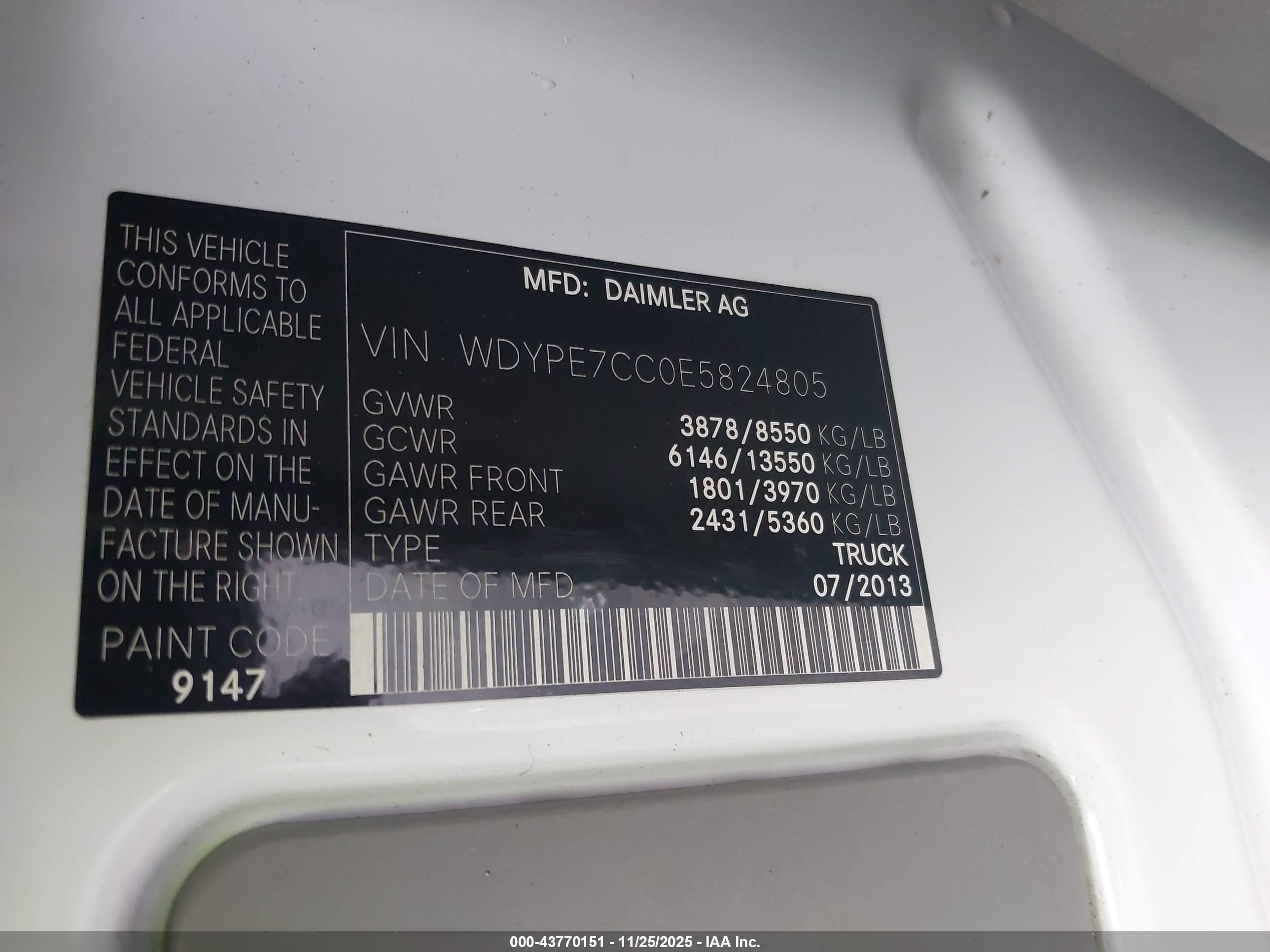 2014 Freightliner Sprinter 2500 Normal Roof White vin: WDYPE7CC0E5824805