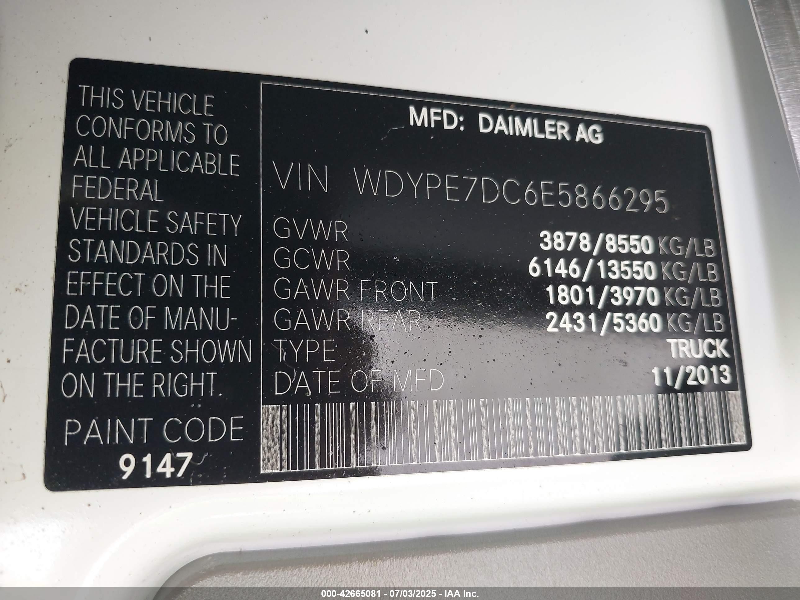 2014 Freightliner Sprinter 2500 Normal Roof White vin: WDYPE7DC6E5866295