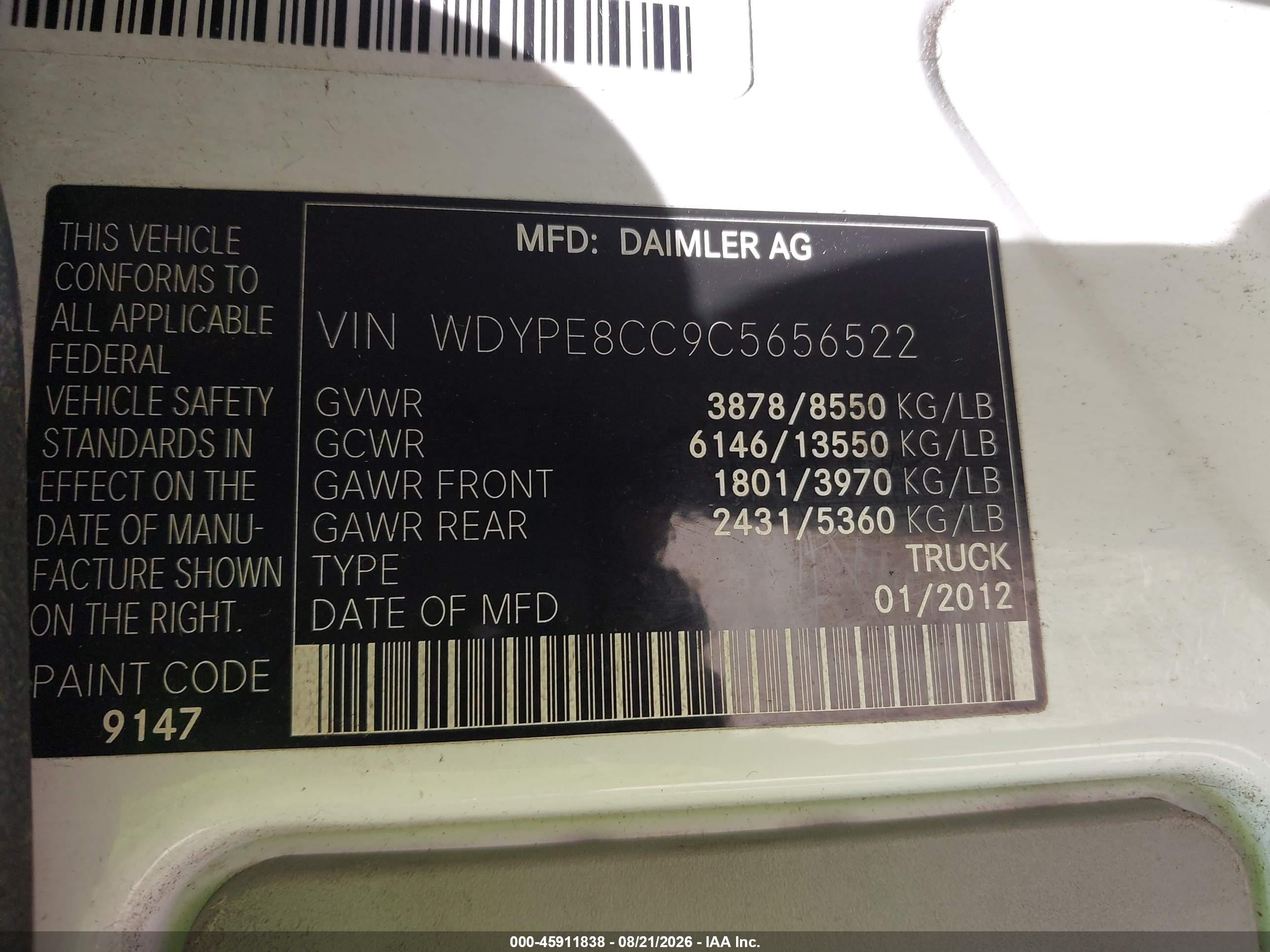 2012 Freightliner Sprinter 2500   White vin: WDYPE8CC9C5656522
