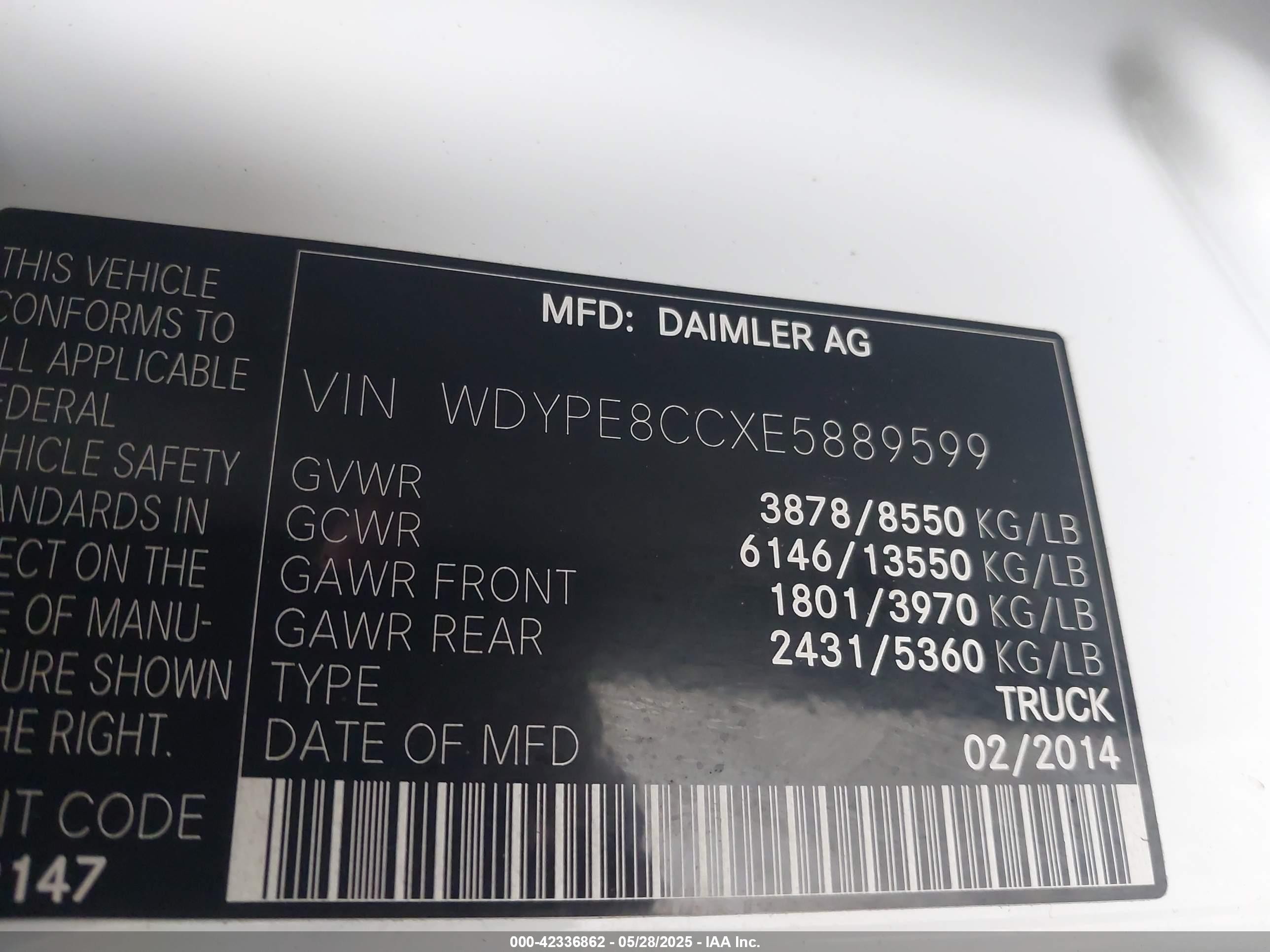 2014 Freightliner Sprinter 2500 High  Roof Белый vin: WDYPE8CCXE5889599