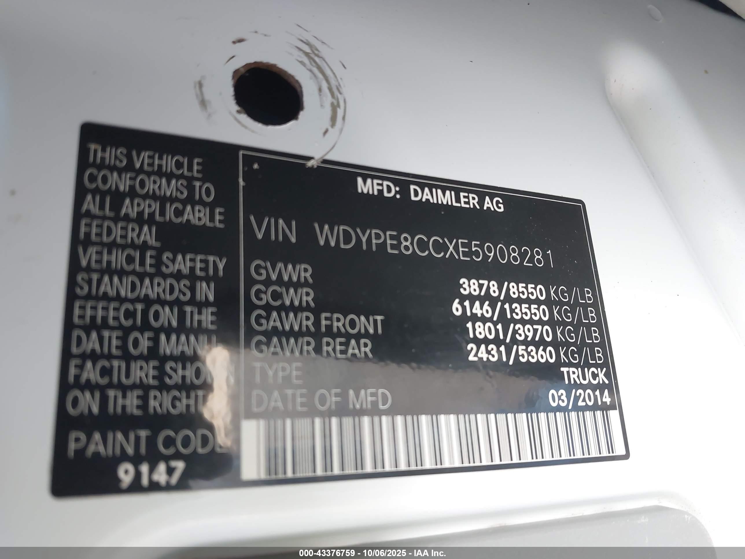 2014 Freightliner Sprinter 2500 High  Roof White vin: WDYPE8CCXE5908281
