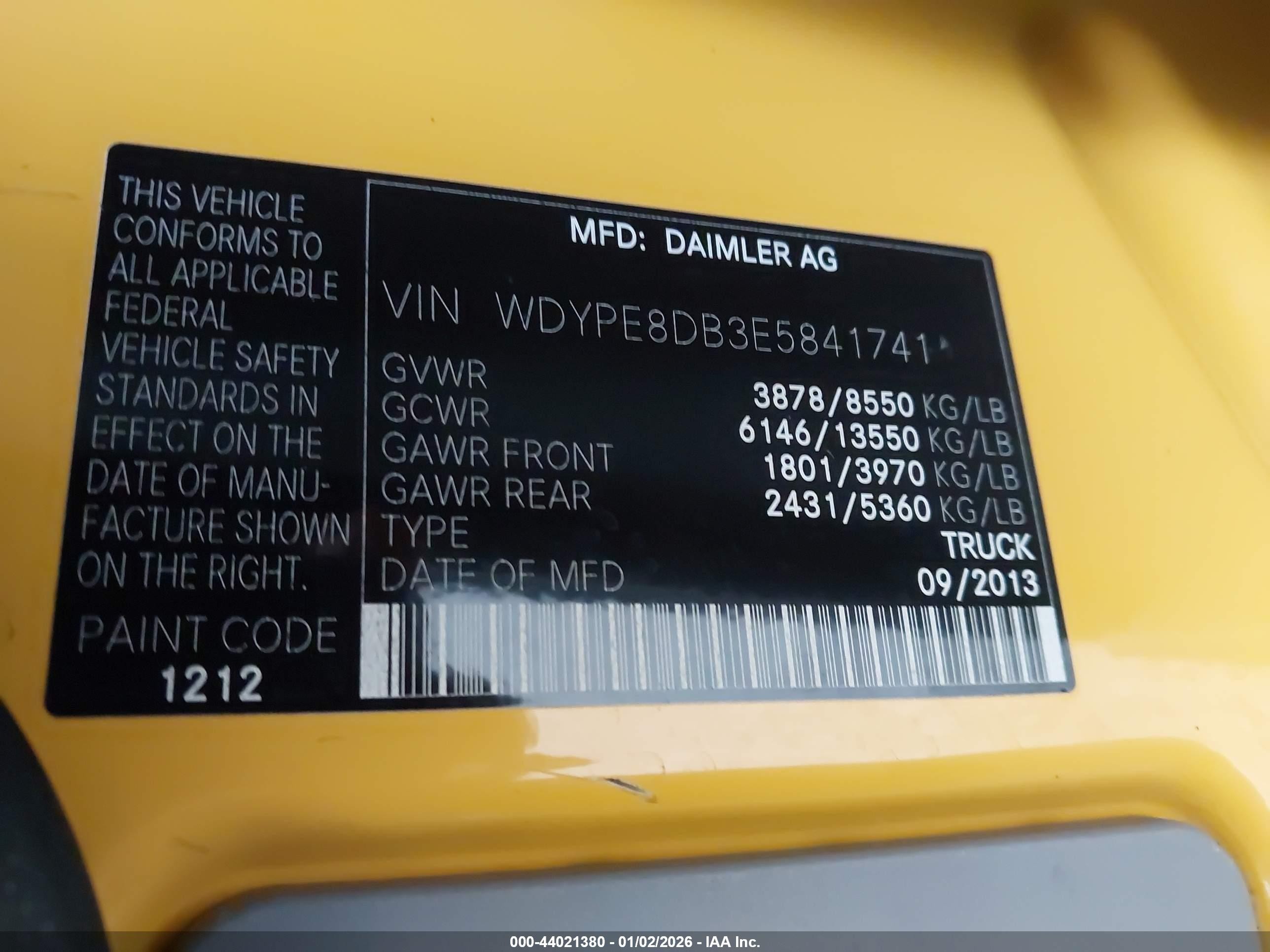 2014 Freightliner Sprinter 2500 High  Roof Yellow vin: WDYPE8DB3E5841741