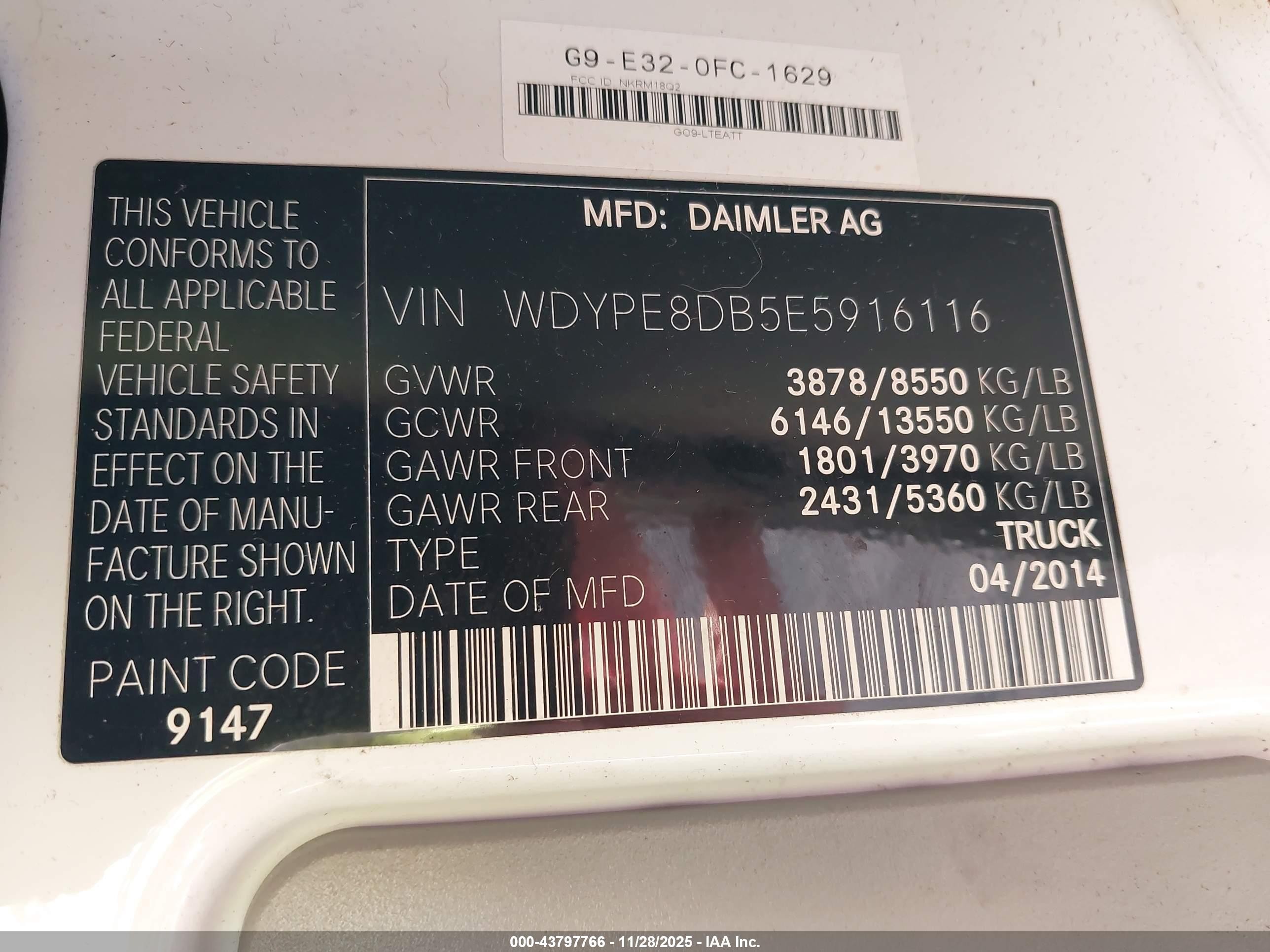 2014 Freightliner Sprinter 2500 High  Roof Белый vin: WDYPE8DB5E5916116