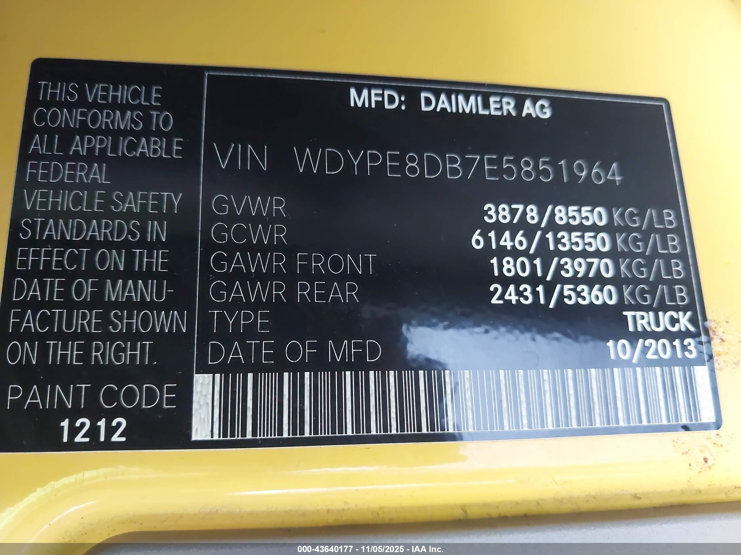 2014 Freightliner Sprinter 2500 High  Roof Желтый vin: WDYPE8DB7E5851964