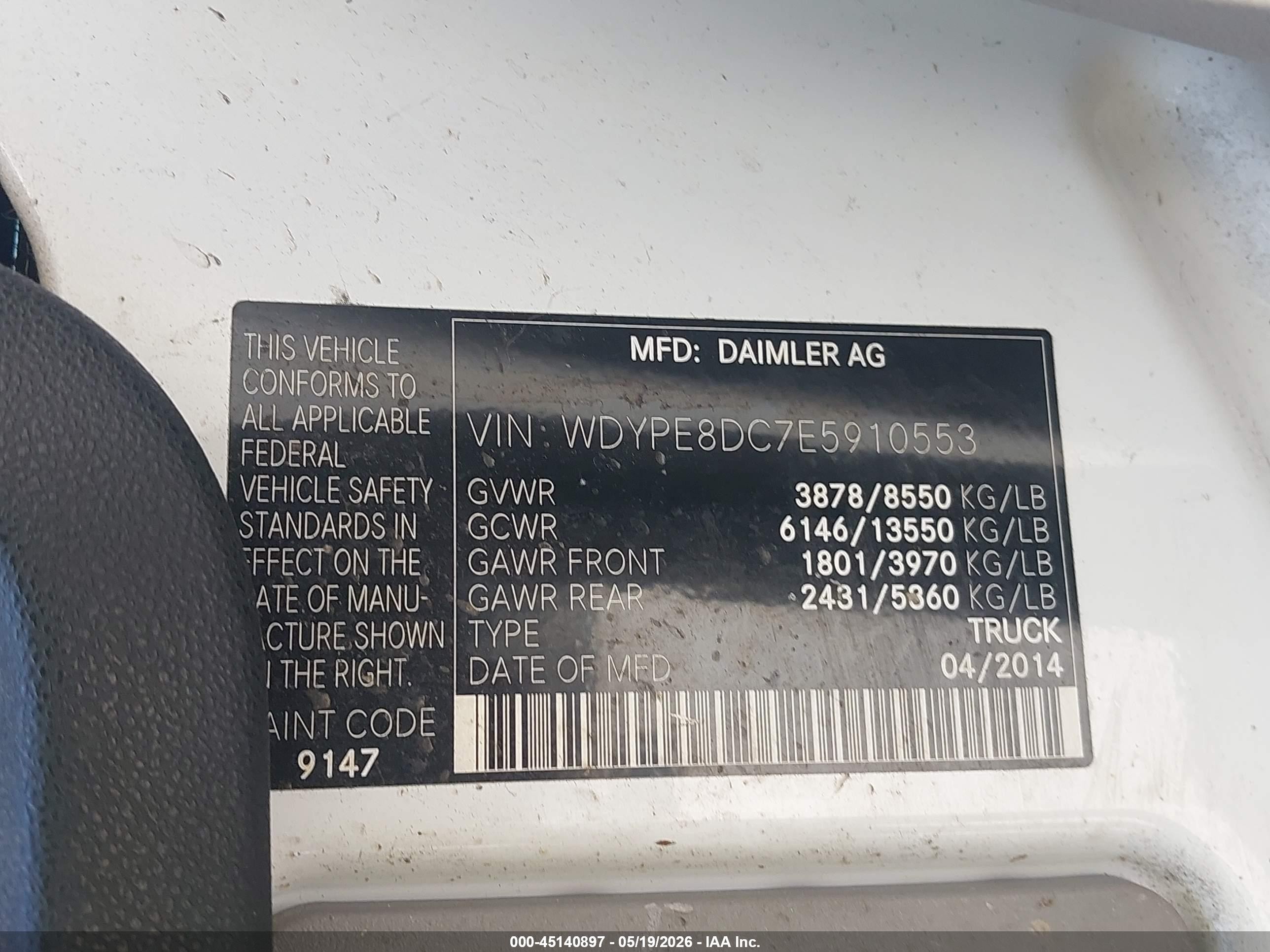 2014 Freightliner Sprinter 2500 High  Roof White vin: WDYPE8DC7E5910553