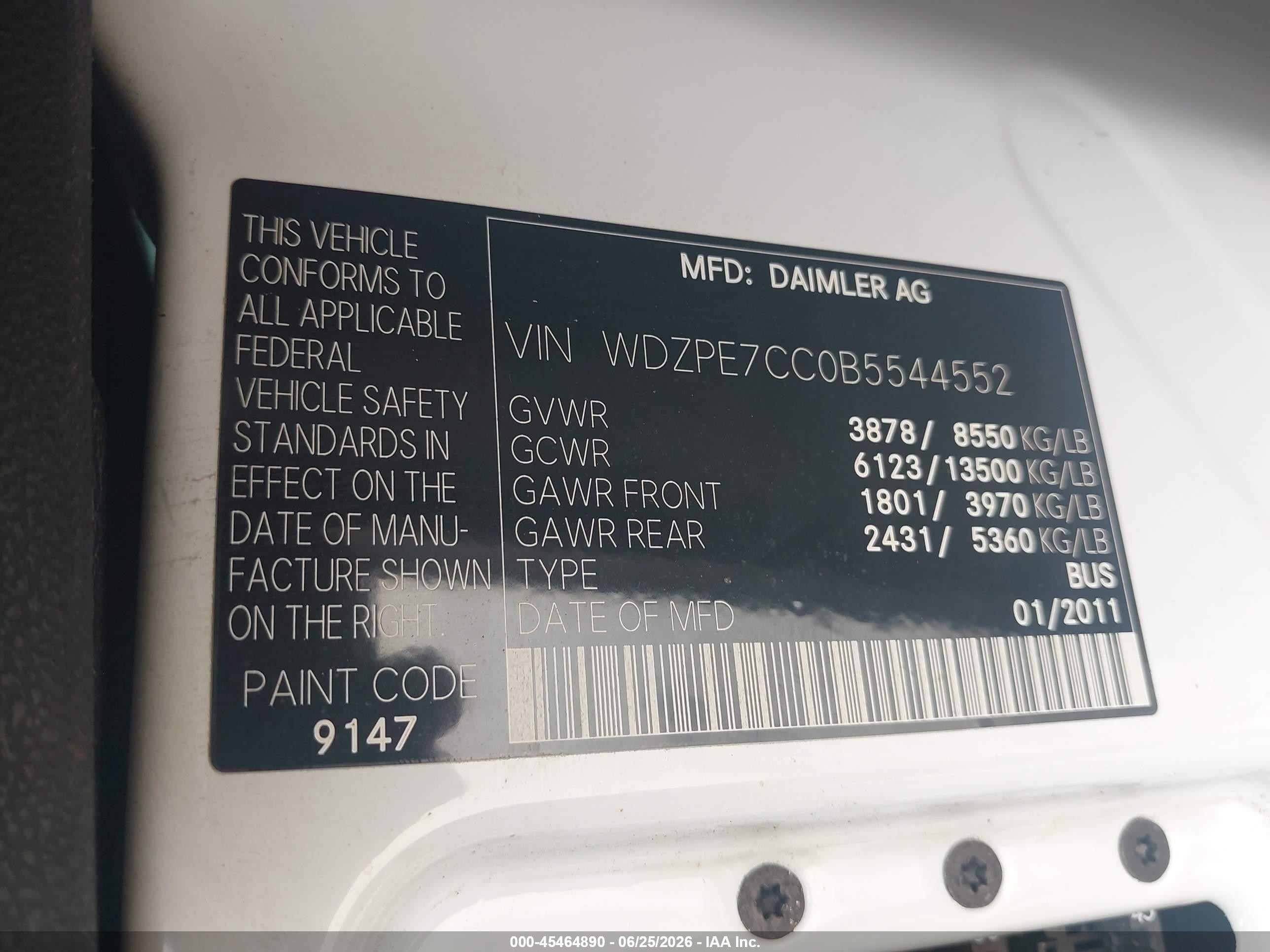 2011 Mercedes-benz Sprinter 2500 Normal Roof White vin: WDZPE7CC0B5544552