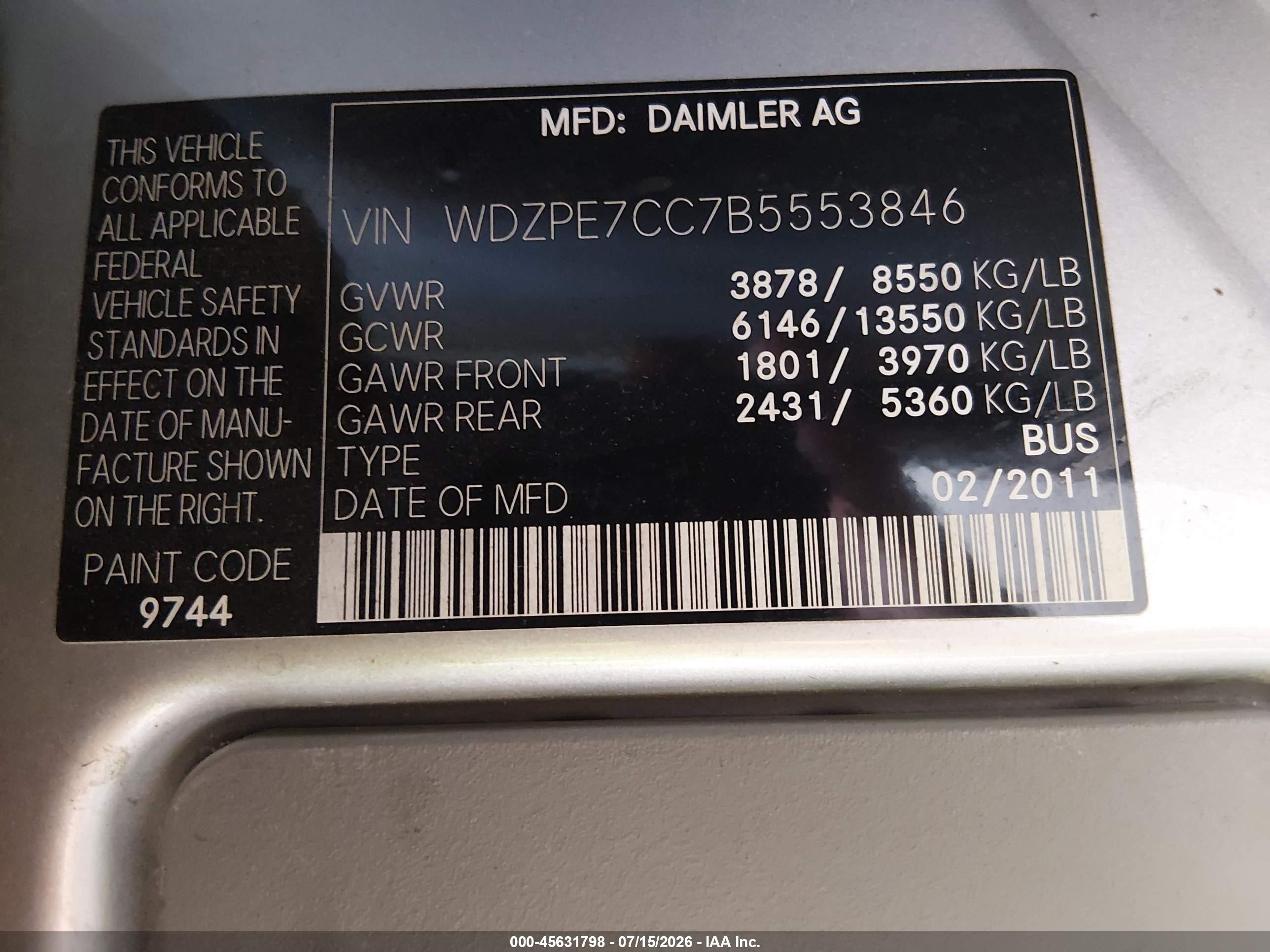 2011 Mercedes-benz Sprinter 2500 Normal Roof Gray vin: WDZPE7CC7B5553846