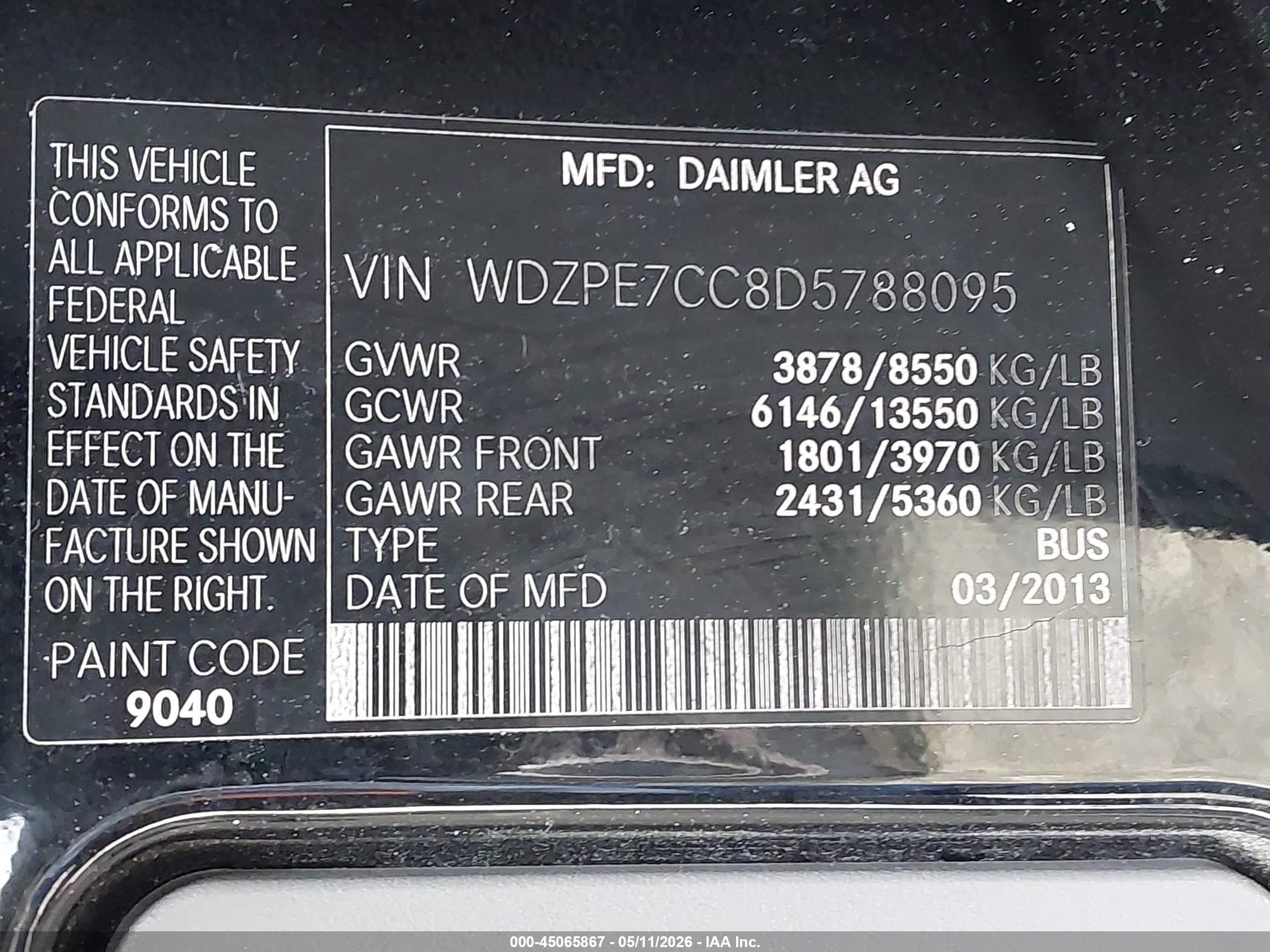 2013 Mercedes-benz Sprinter 2500 Normal Roof Black vin: WDZPE7CC8D5788095