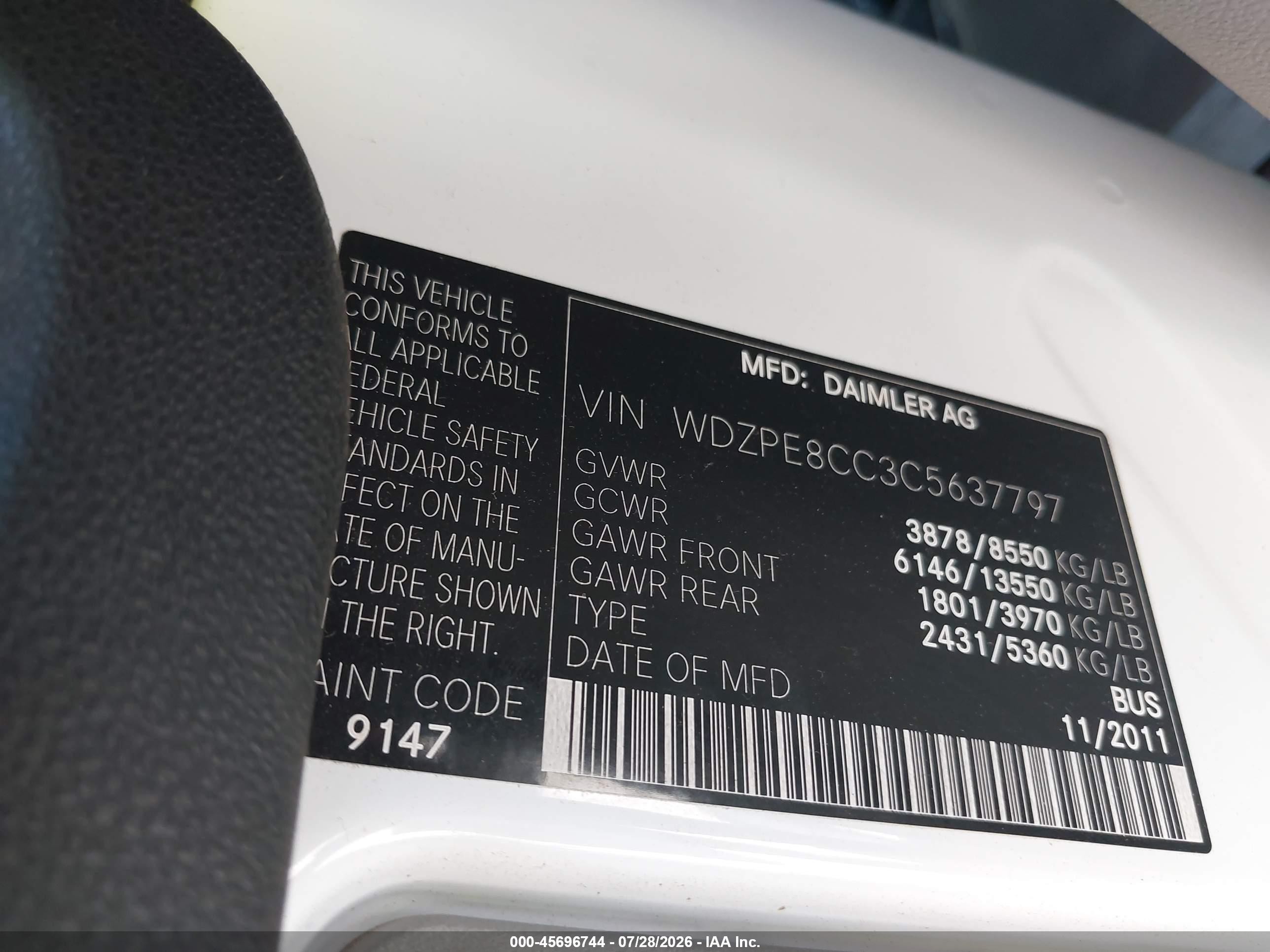2012 Mercedes-benz Sprinter 2500 High  Roof White vin: WDZPE8CC3C5637797