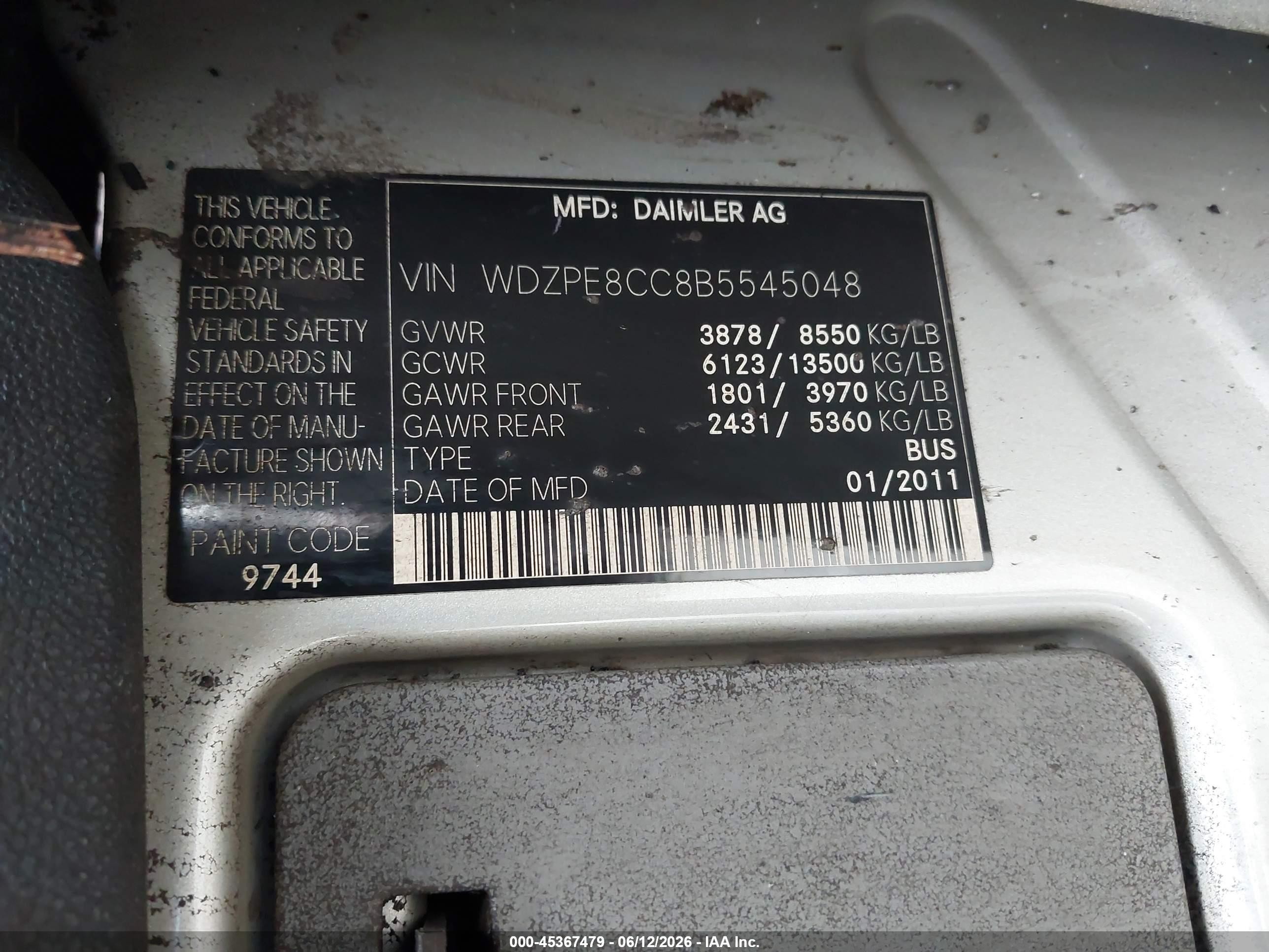 2011 Mercedes-benz Sprinter 2500 High  Roof Silver vin: WDZPE8CC8B5545048