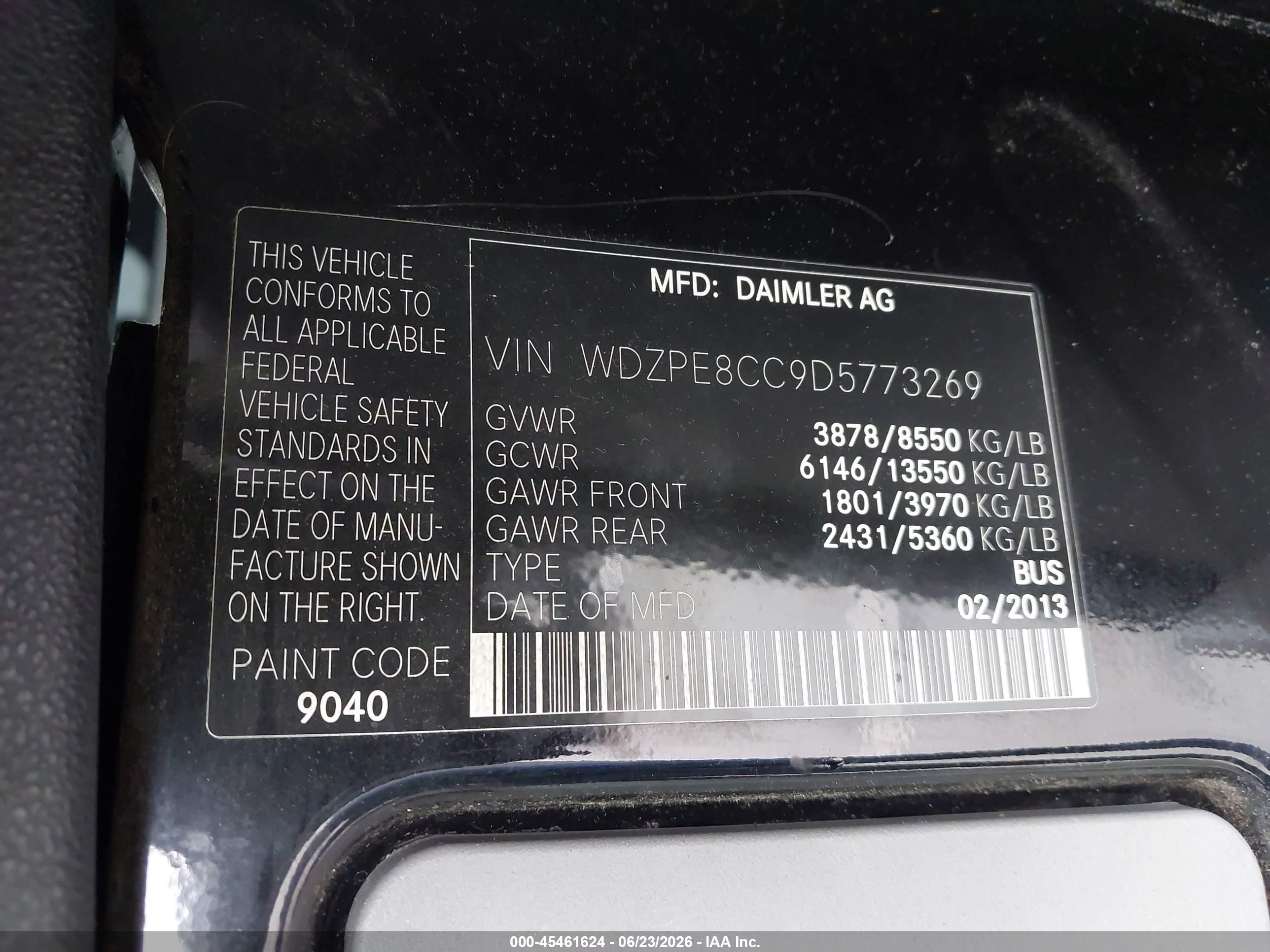 2013 Mercedes-benz Sprinter 2500 High  Roof Black vin: WDZPE8CC9D5773269