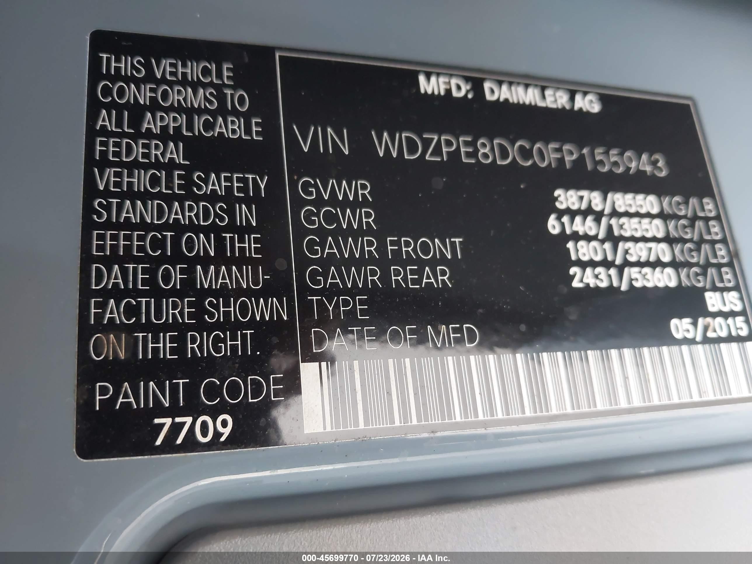 2015 Mercedes-benz Sprinter 2500 High  Roof Gray vin: WDZPE8DC0FP155943