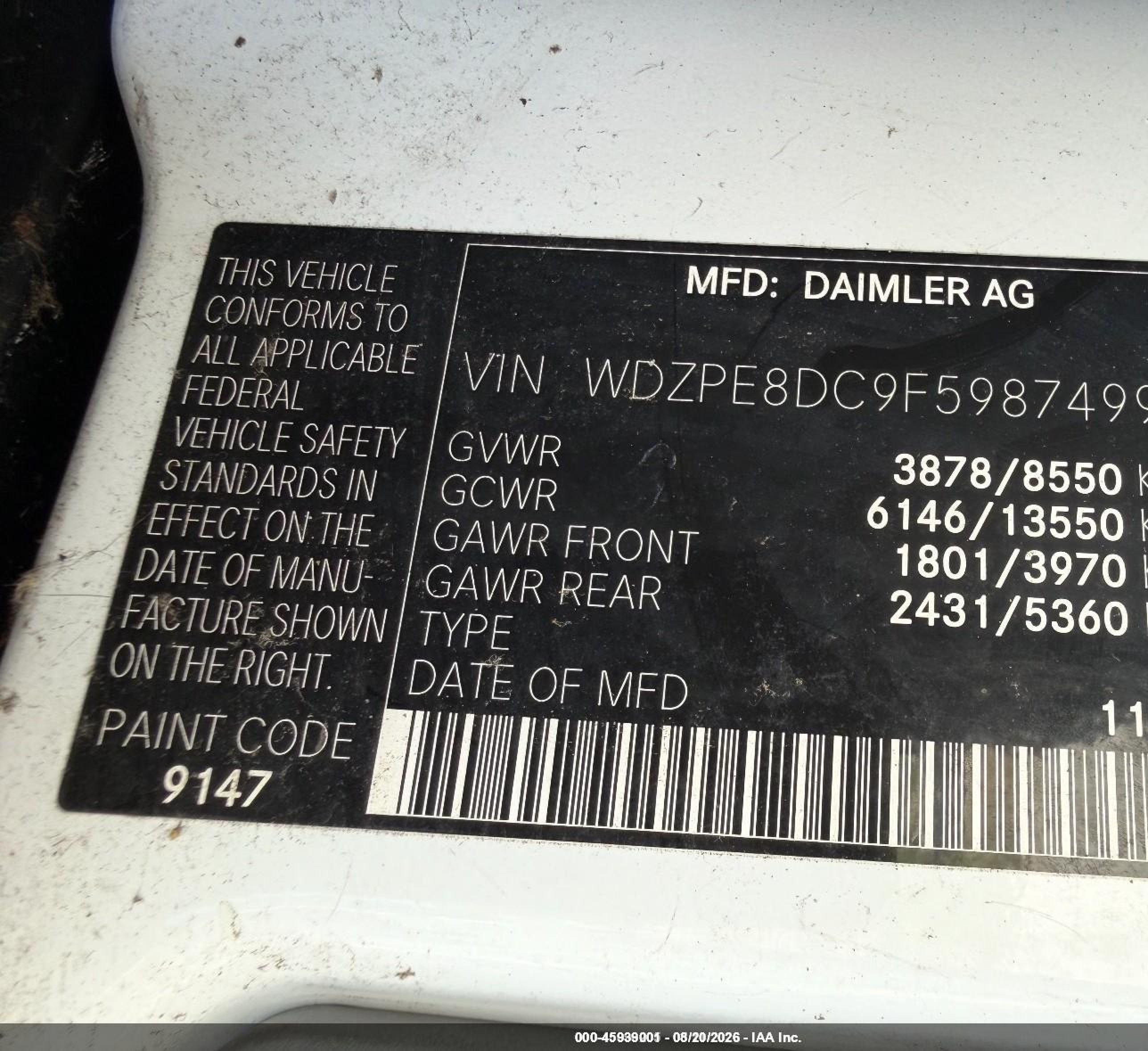 2015 Mercedes-benz Sprinter 2500 High  Roof White vin: WDZPE8DC9F5987499