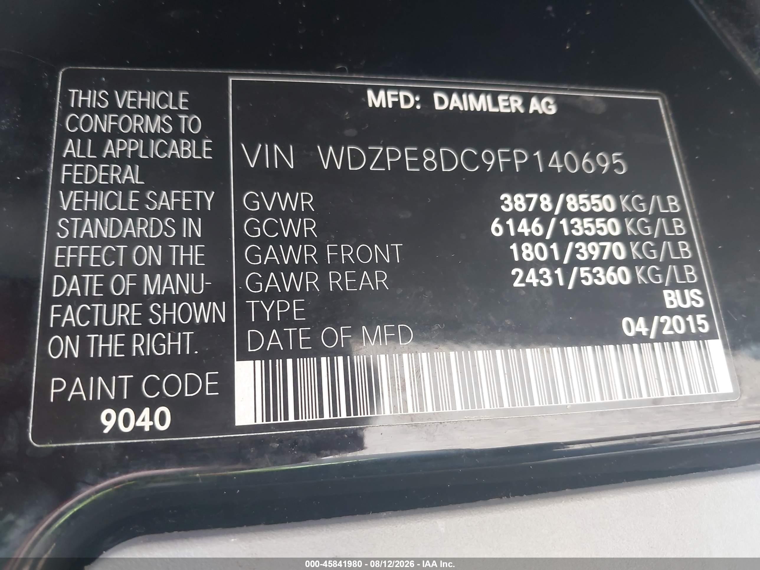2015 Mercedes-benz Sprinter 2500 High  Roof Black vin: WDZPE8DC9FP140695