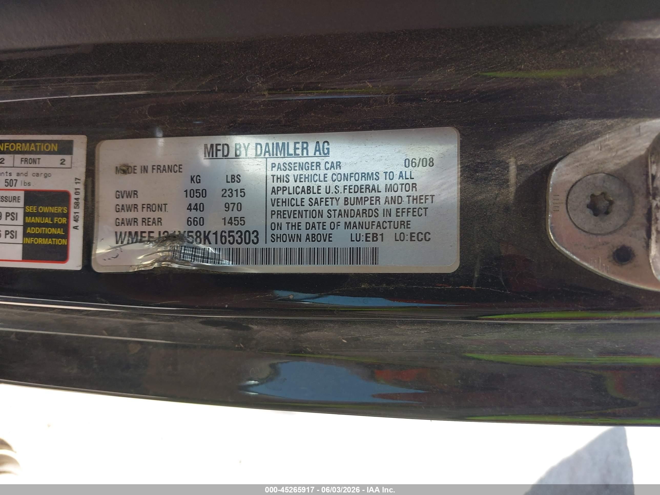 2008 Smart Fortwo Passion/pure Blue vin: WMEEJ31X58K165303