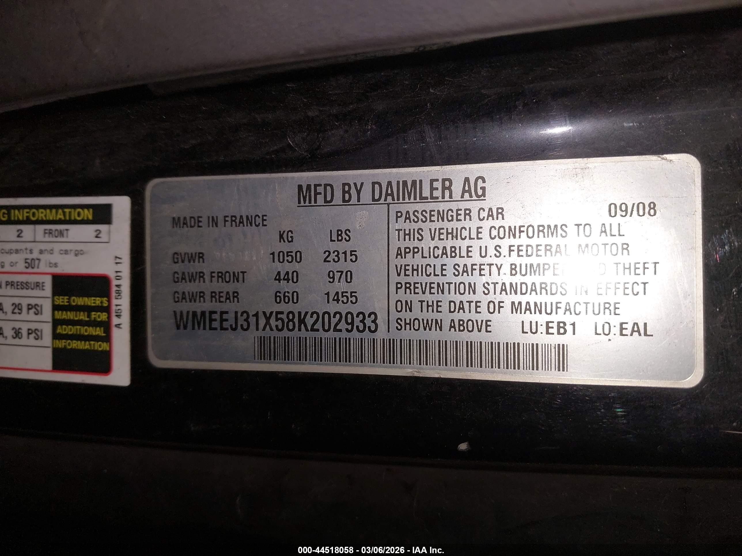 2008 Smart Fortwo Passion/pure Желтый vin: WMEEJ31X58K202933