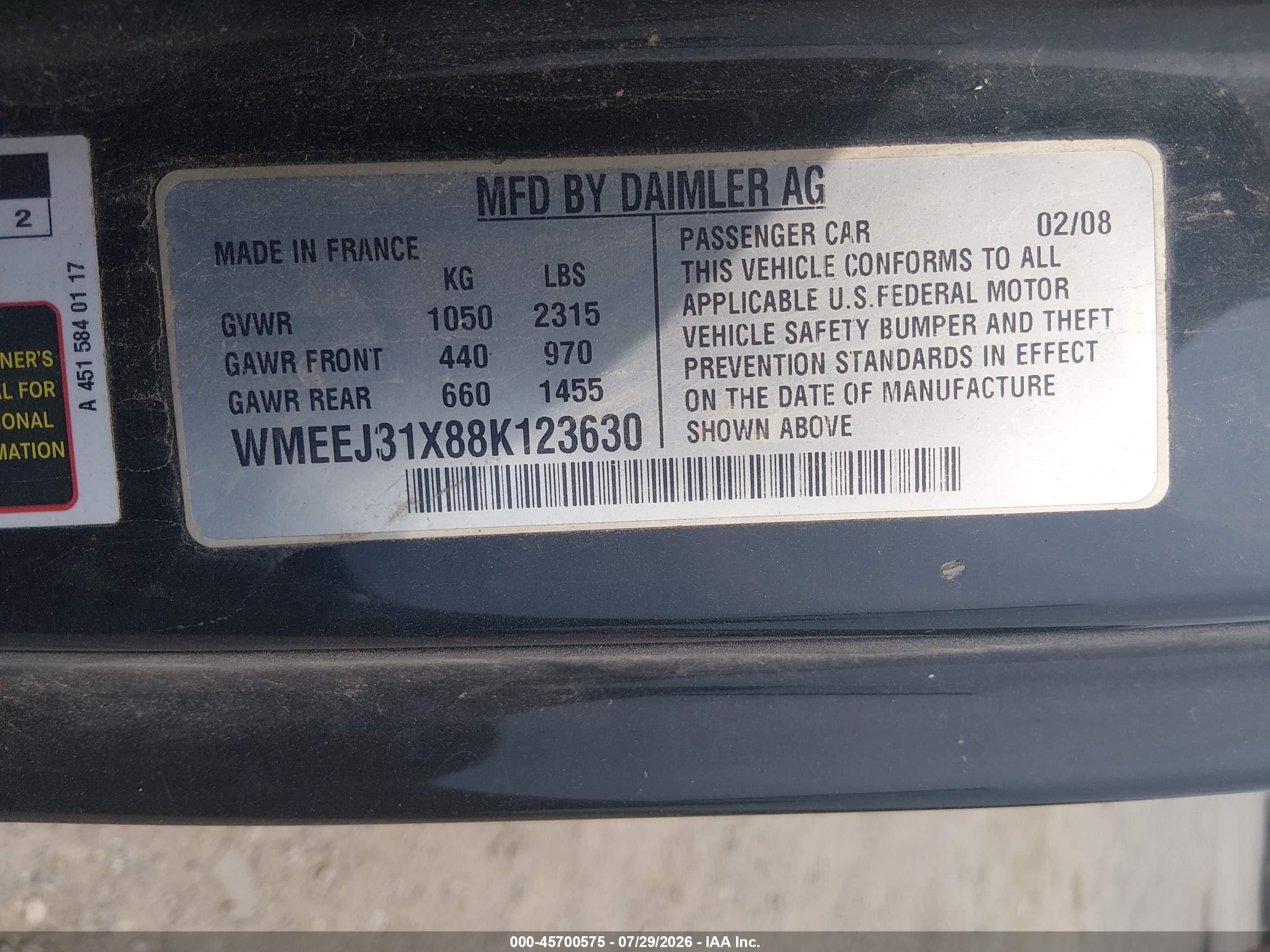 2008 Smart Fortwo Passion/pure Синий vin: WMEEJ31X88K123630