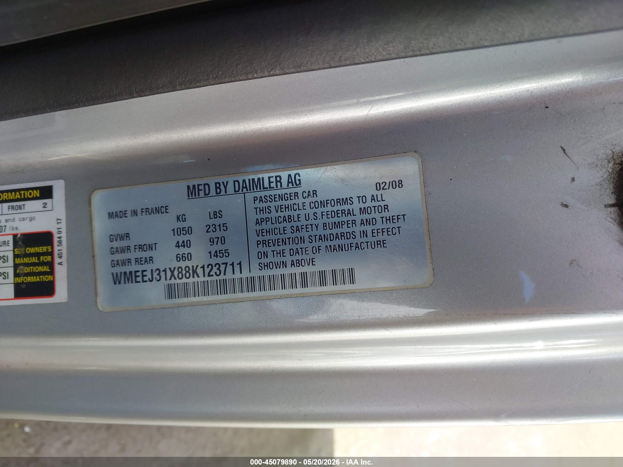 2008 Smart Fortwo Passion/pure Blue vin: WMEEJ31X88K123711