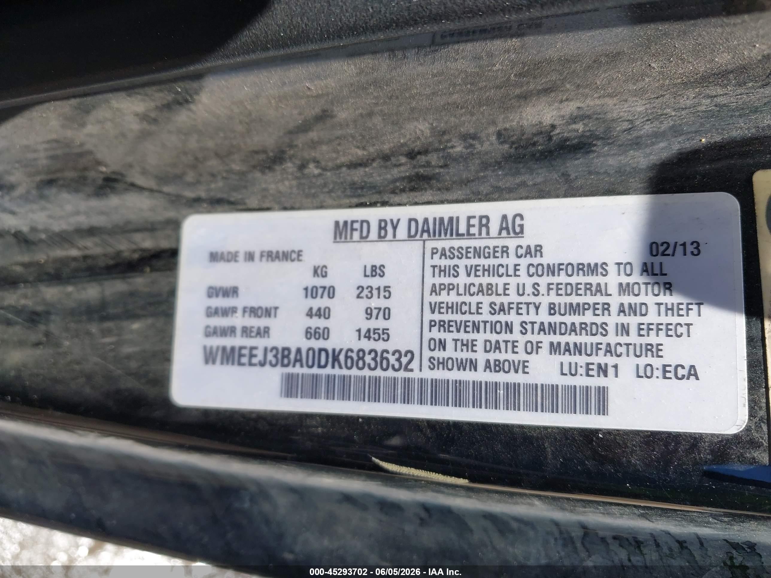 2013 Smart Fortwo Pure Black vin: WMEEJ3BA0DK683632