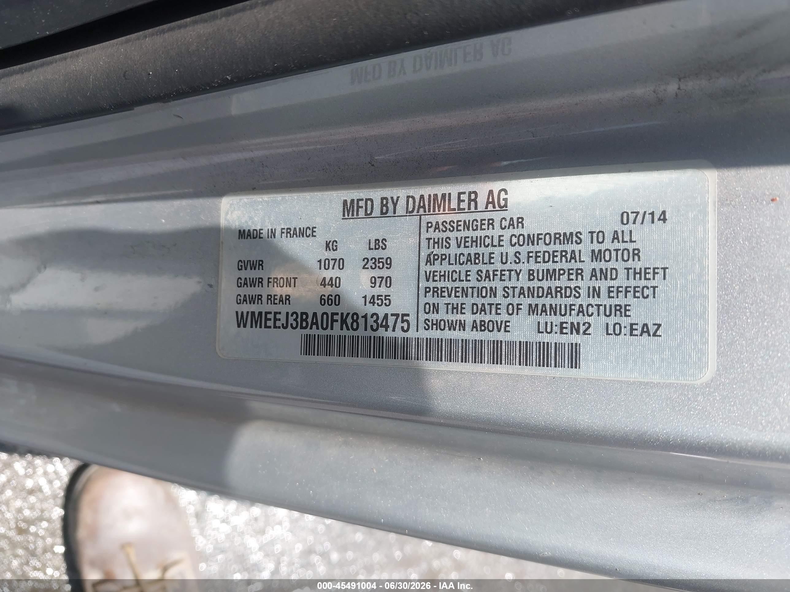2015 Smart Fortwo Pure Белый vin: WMEEJ3BA0FK813475