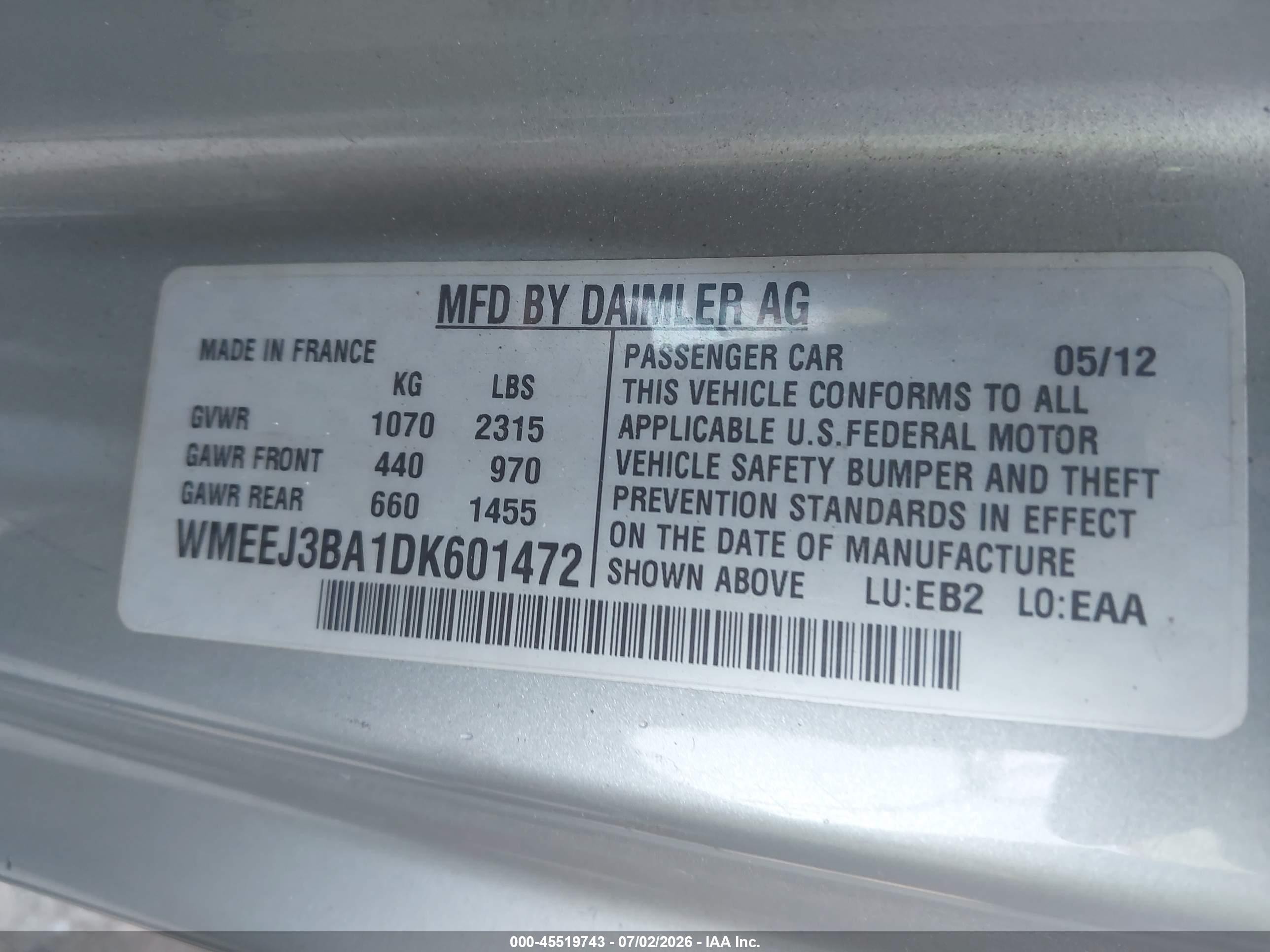2013 Smart Fortwo Passion Blue vin: WMEEJ3BA1DK601472