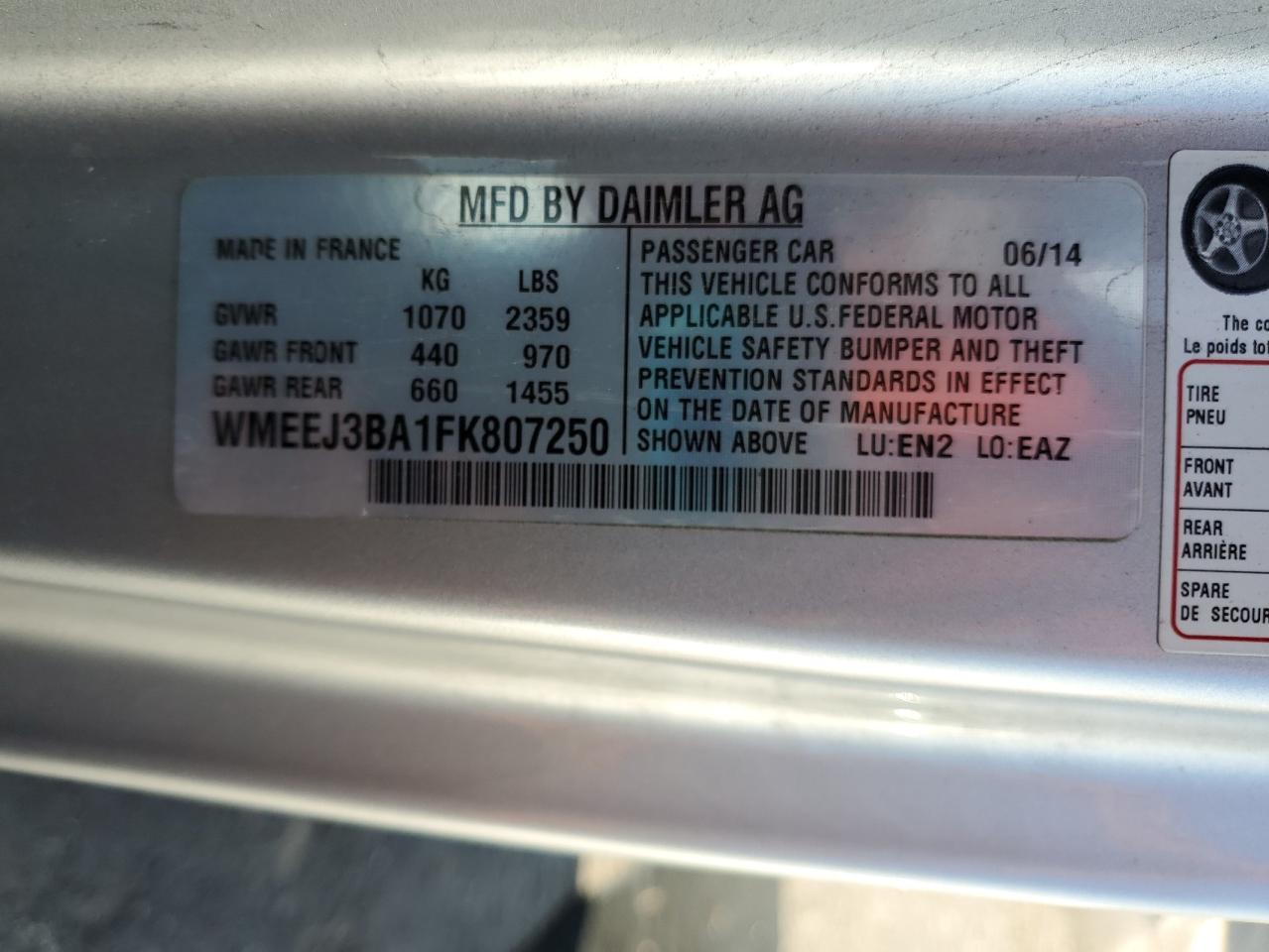 2015 Smart Fortwo Pure Белый vin: WMEEJ3BA1FK807250