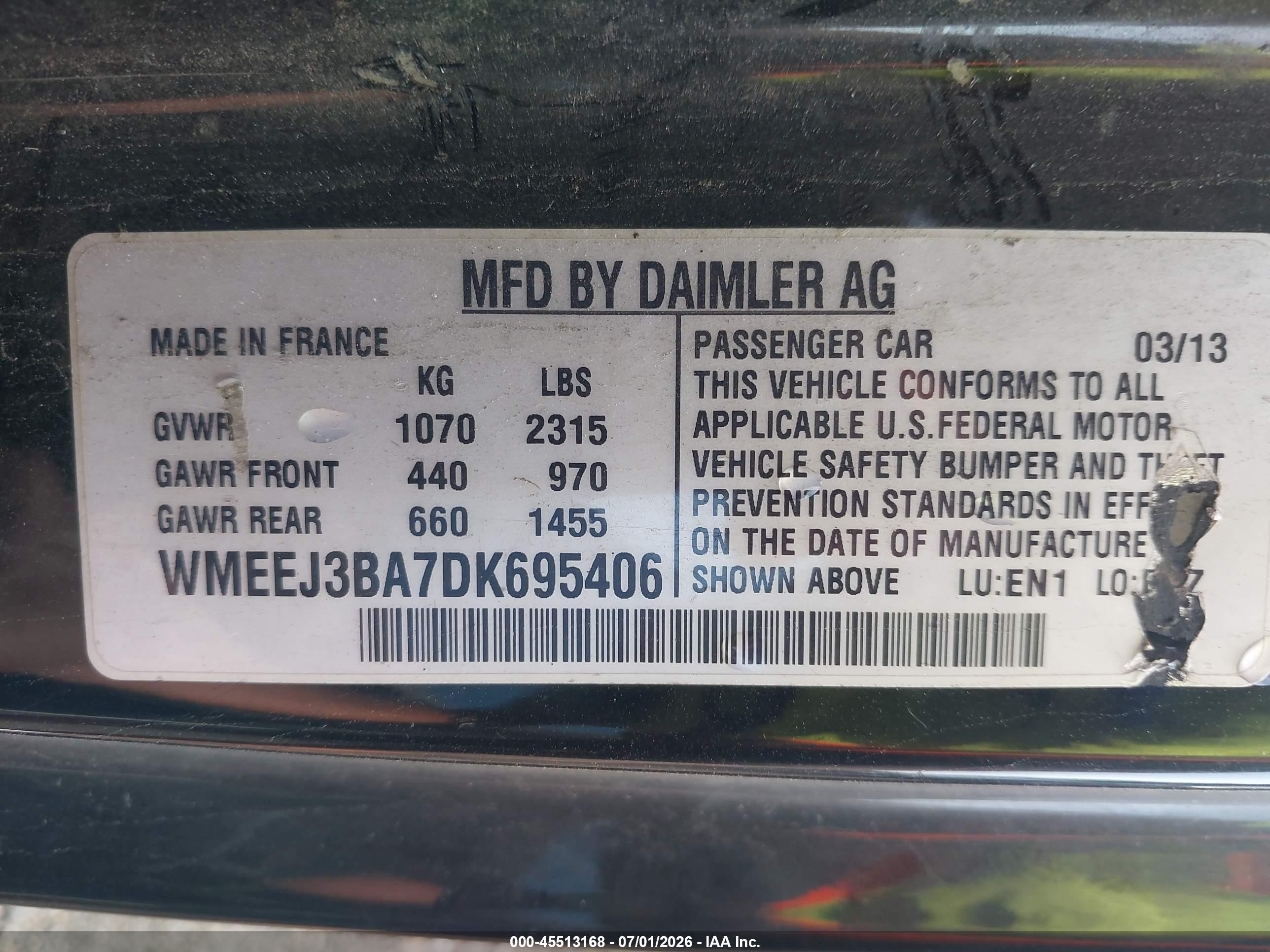 2013 Smart Fortwo Pure White vin: WMEEJ3BA7DK695406