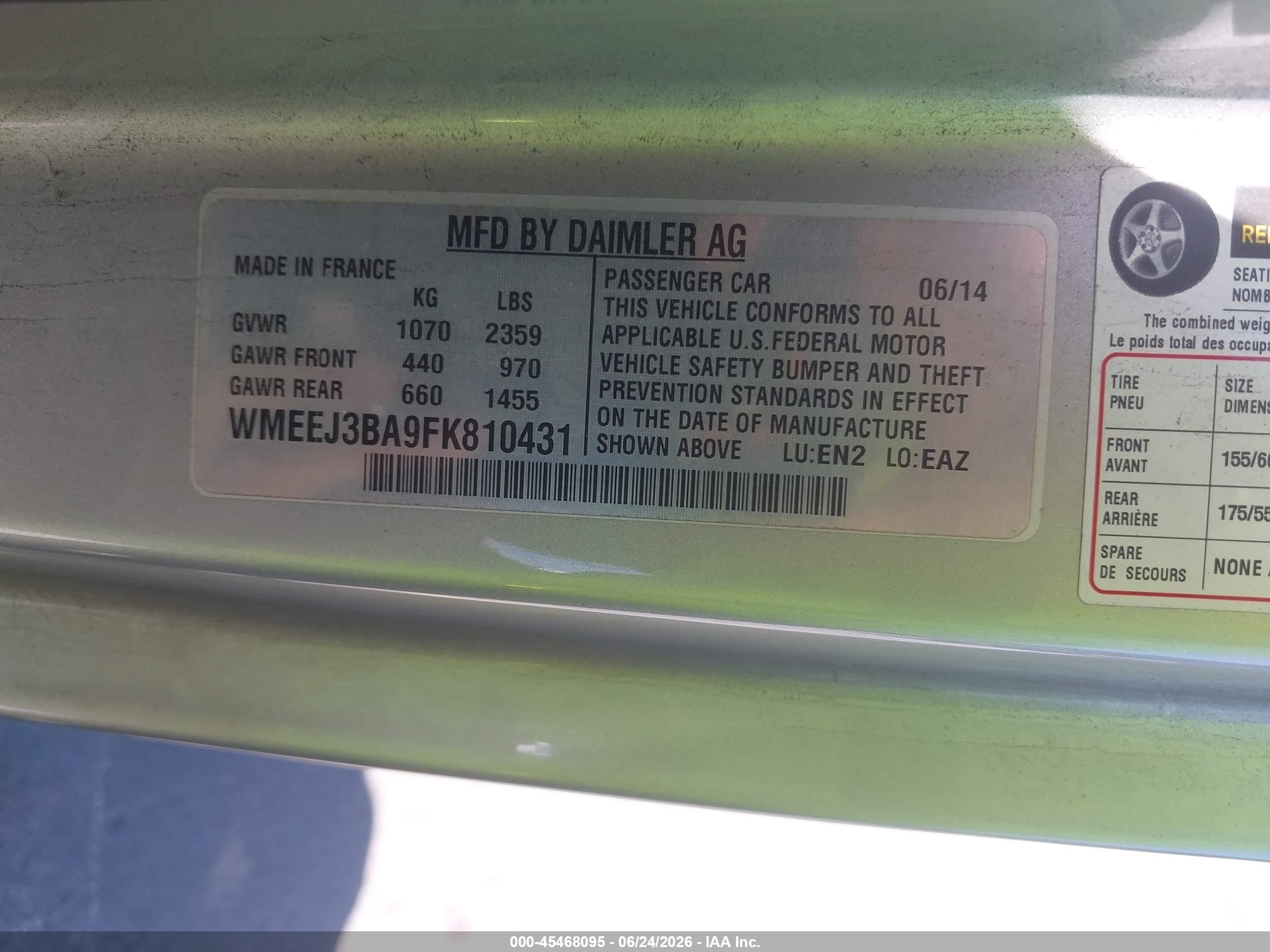 2015 Smart Fortwo Pure White vin: WMEEJ3BA9FK810431
