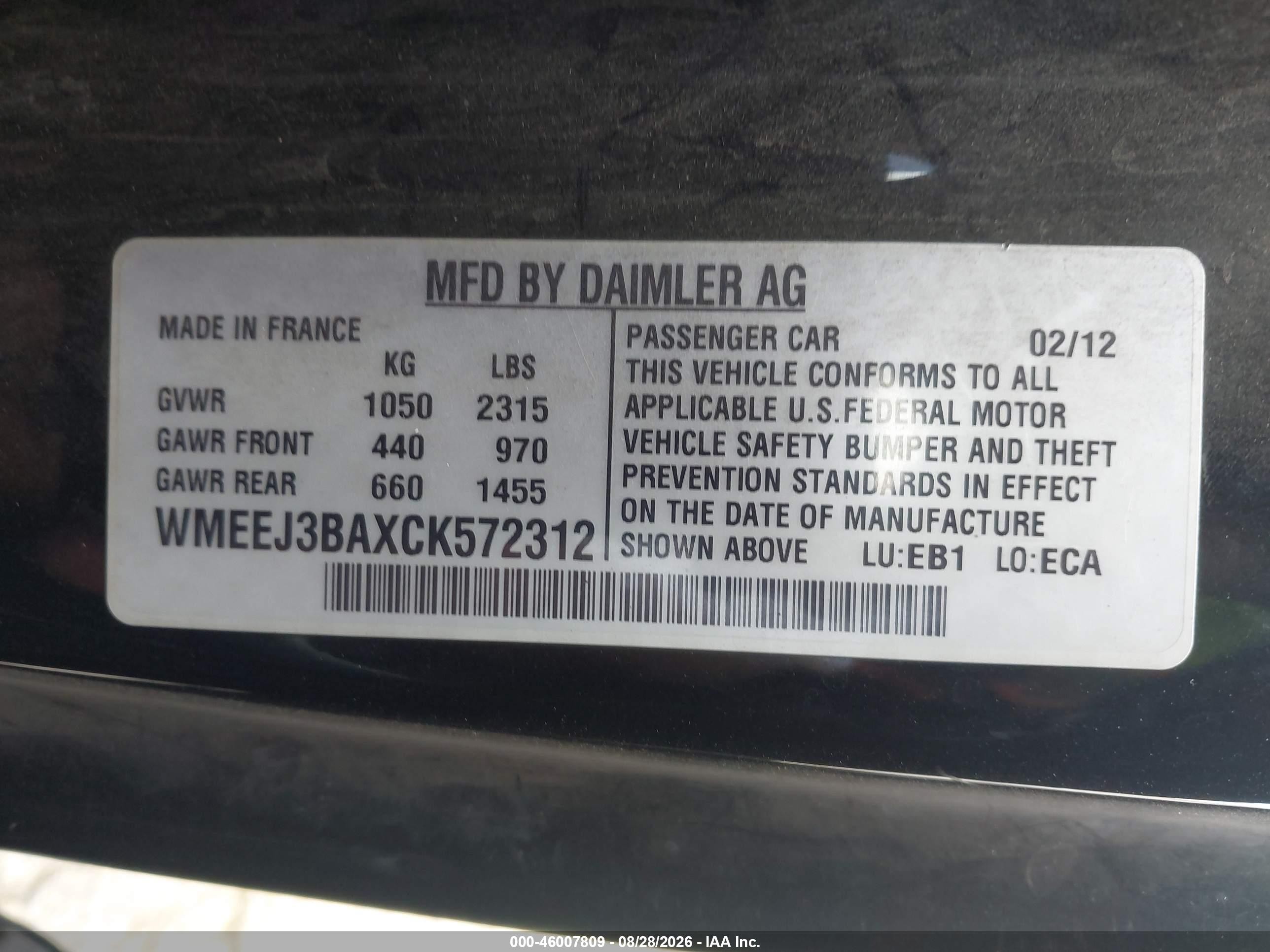 2012 Smart Fortwo Pure Black vin: WMEEJ3BAXCK572312