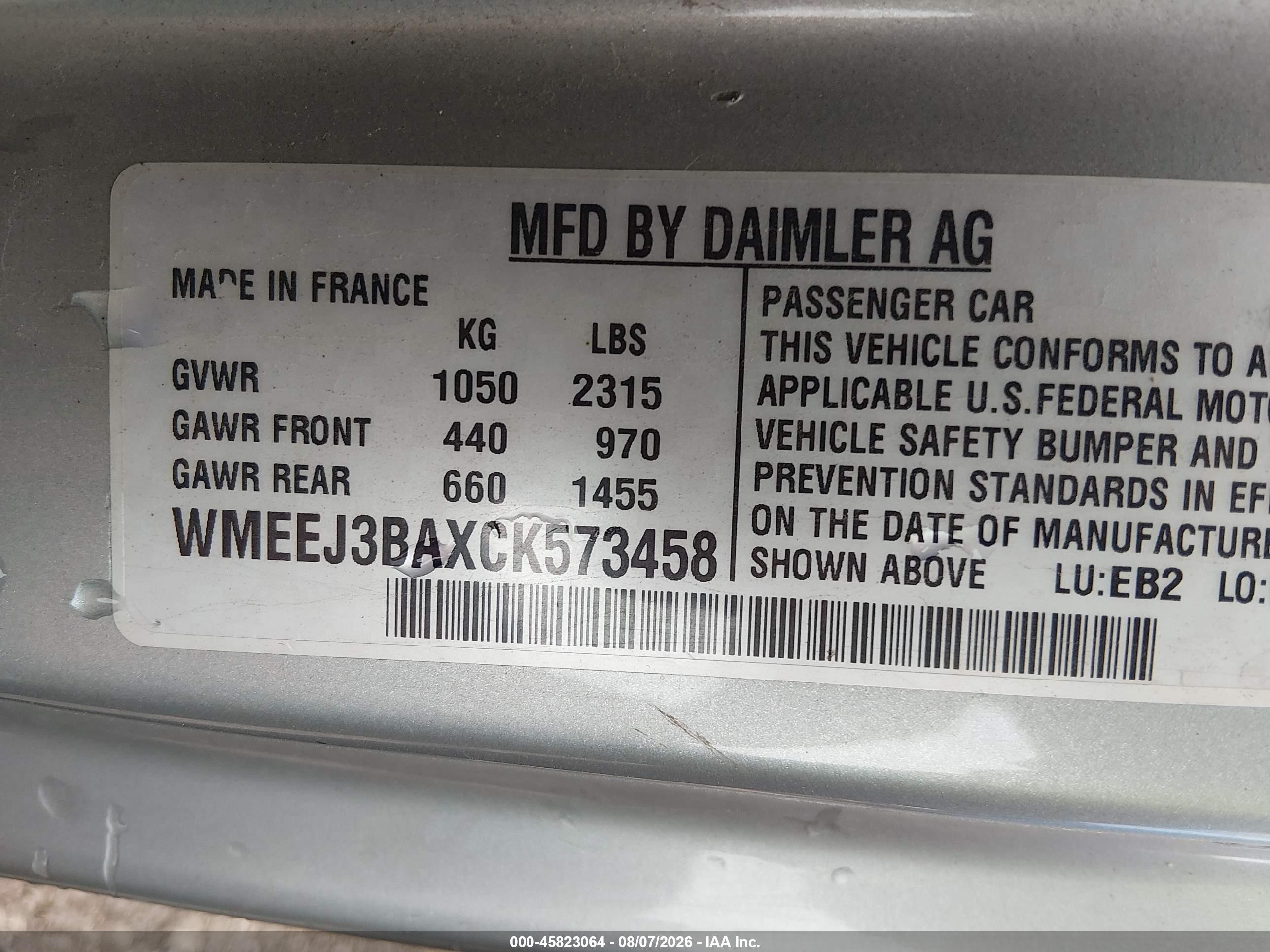 2012 Smart Fortwo Pure White vin: WMEEJ3BAXCK573458