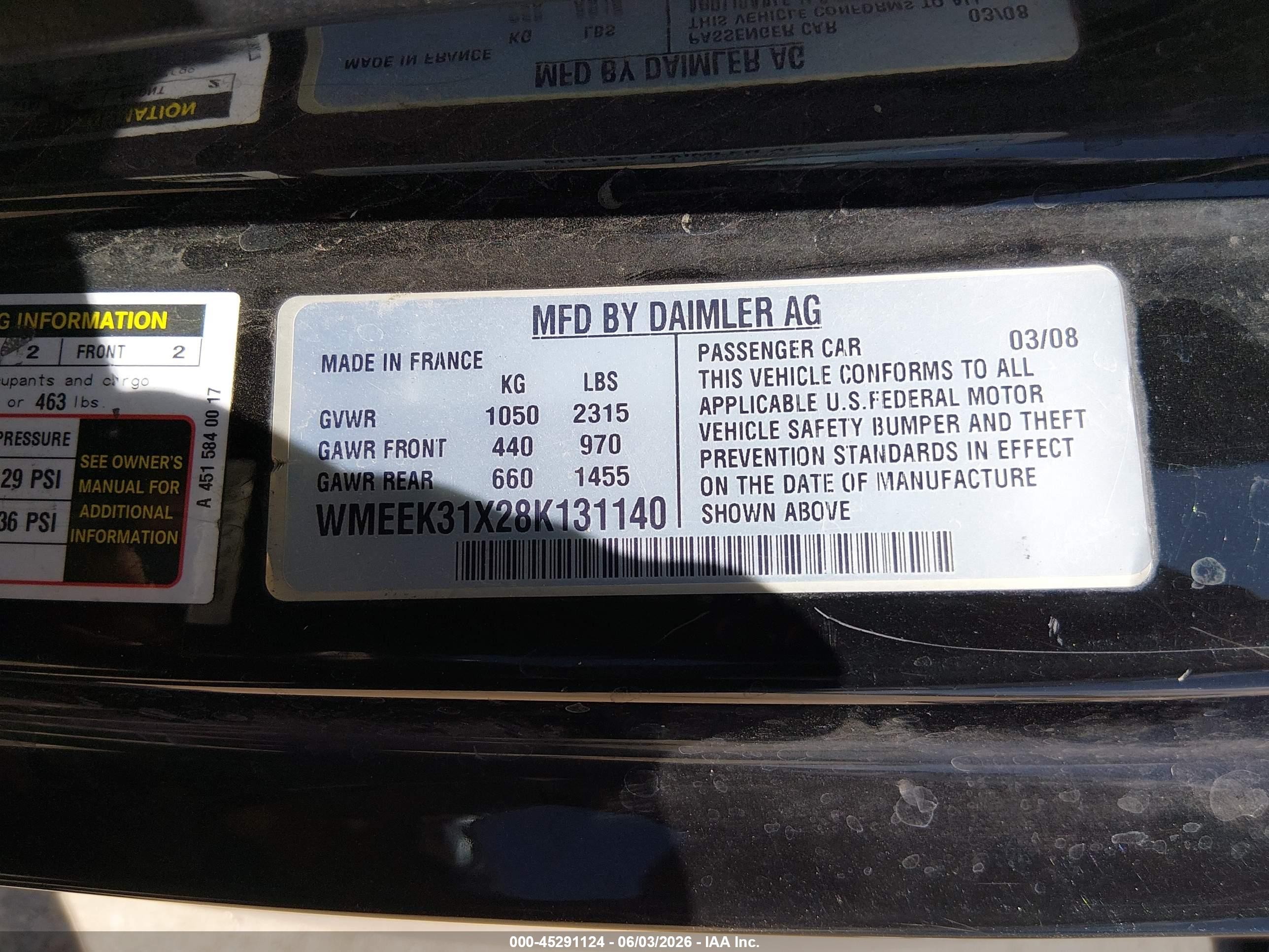 2008 Smart Fortwo Passion Silver vin: WMEEK31X28K131140